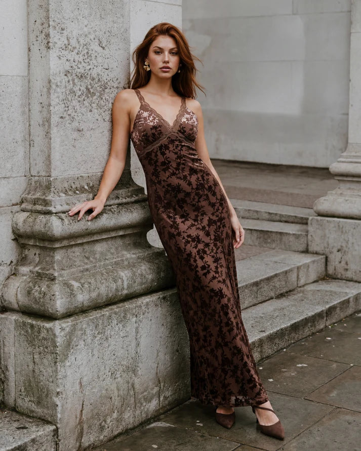 Maya Chocolate Brown Velvet Devore Strappy Maxi Dress
