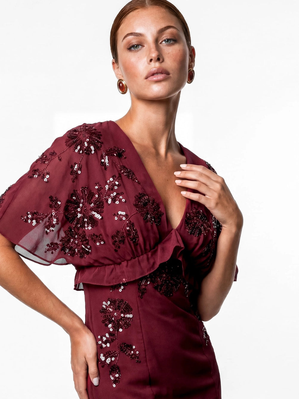 Maya Ruby Floral Embellished Cape Sleeve Midaxi Dress