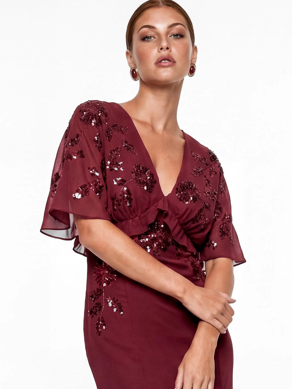 Maya Ruby Floral Embellished Cape Sleeve Midaxi Dress