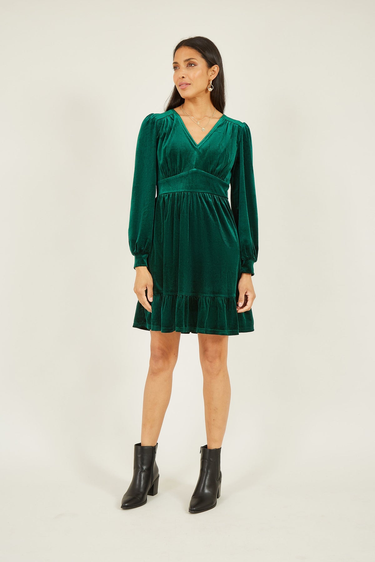 Yumi Green Velvet Long Sleeve Emerald Green Skater Dress