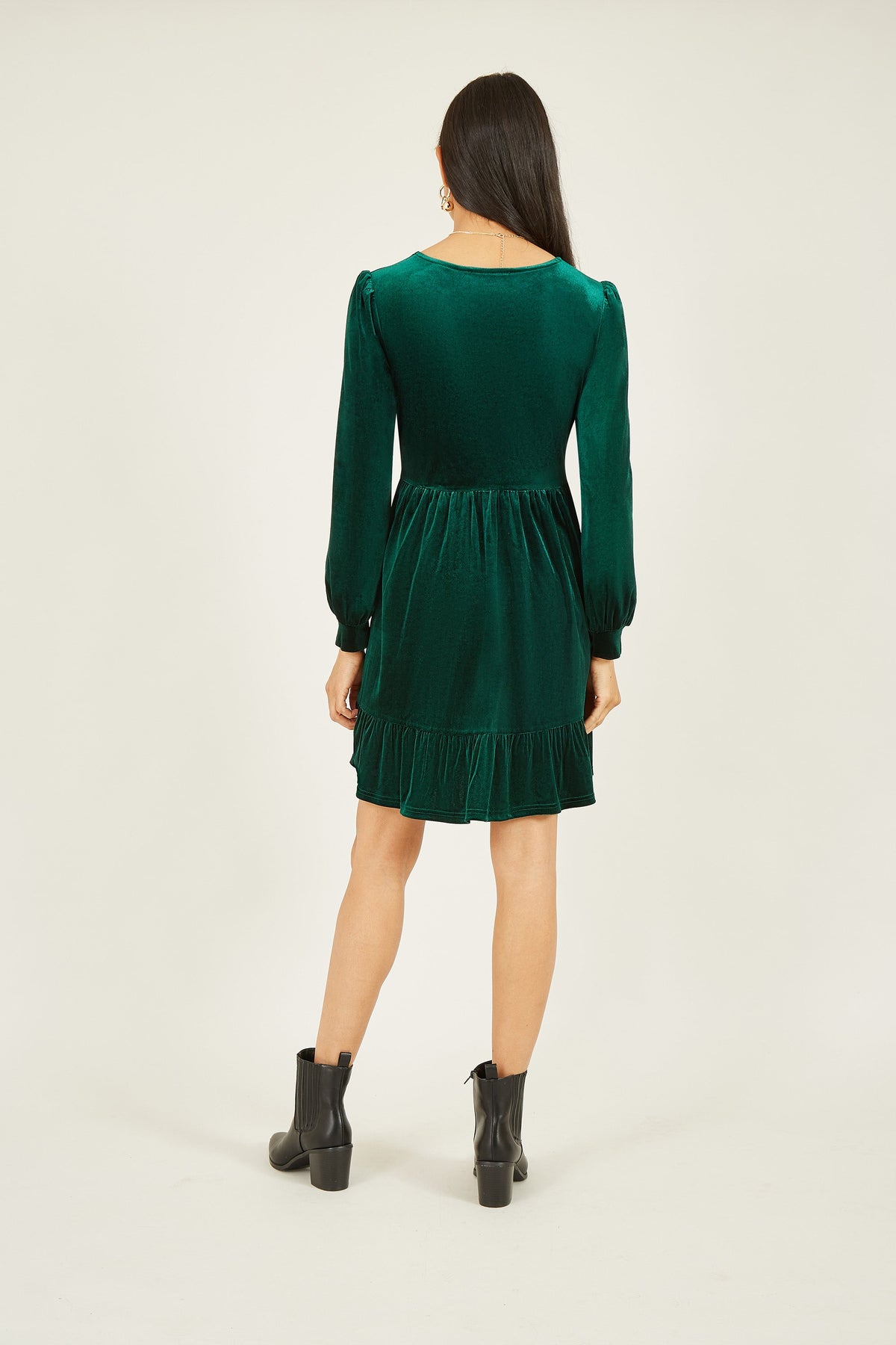 Yumi Green Velvet Long Sleeve Emerald Green Skater Dress
