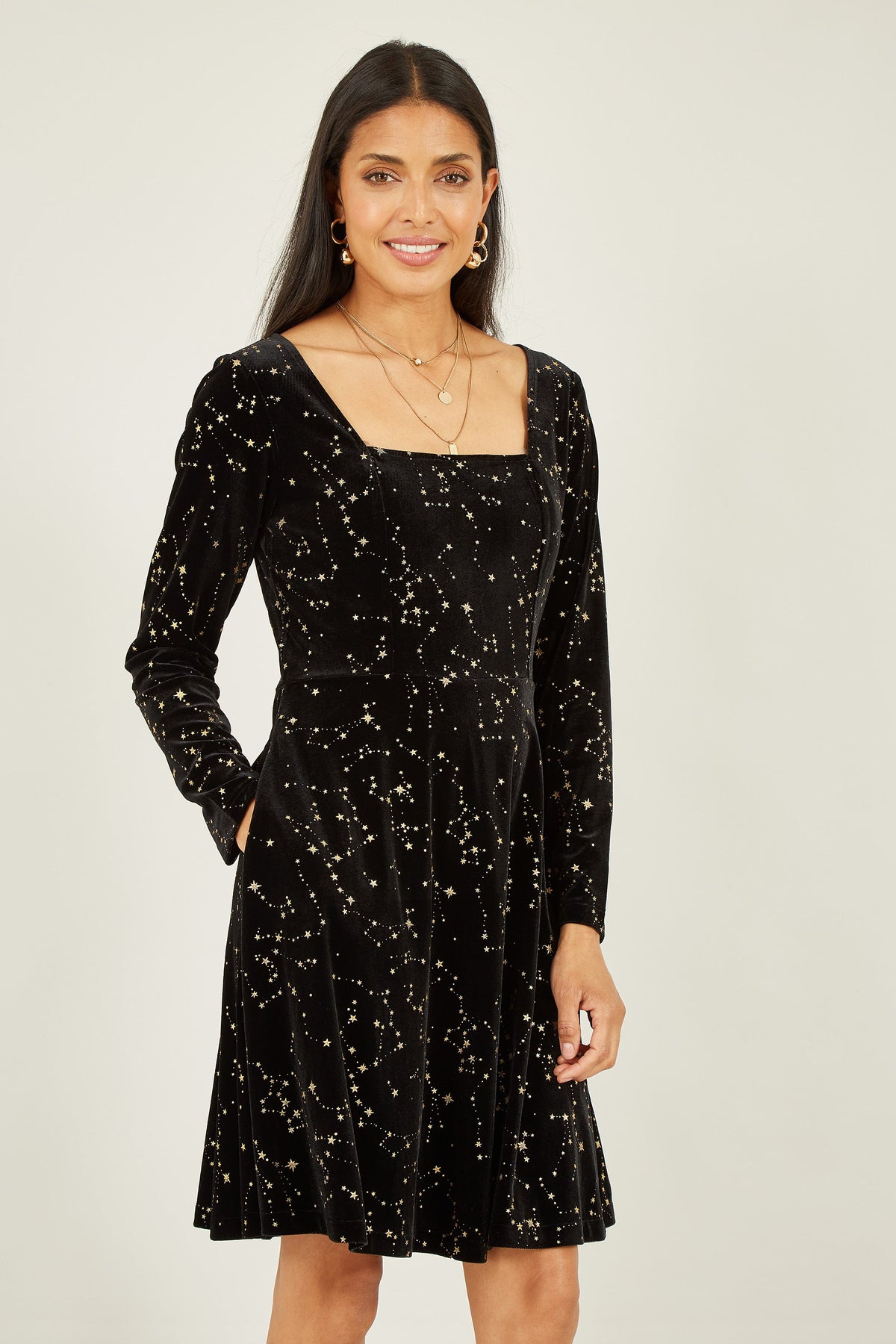 Yumi Black Star Constellation Foil Print Long Sleeve Skater Dress