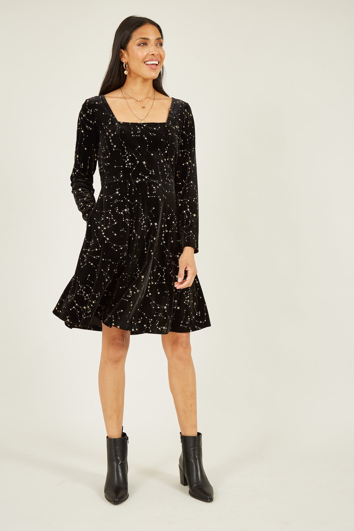 Yumi Black Star Constellation Foil Print Long Sleeve Skater Dress