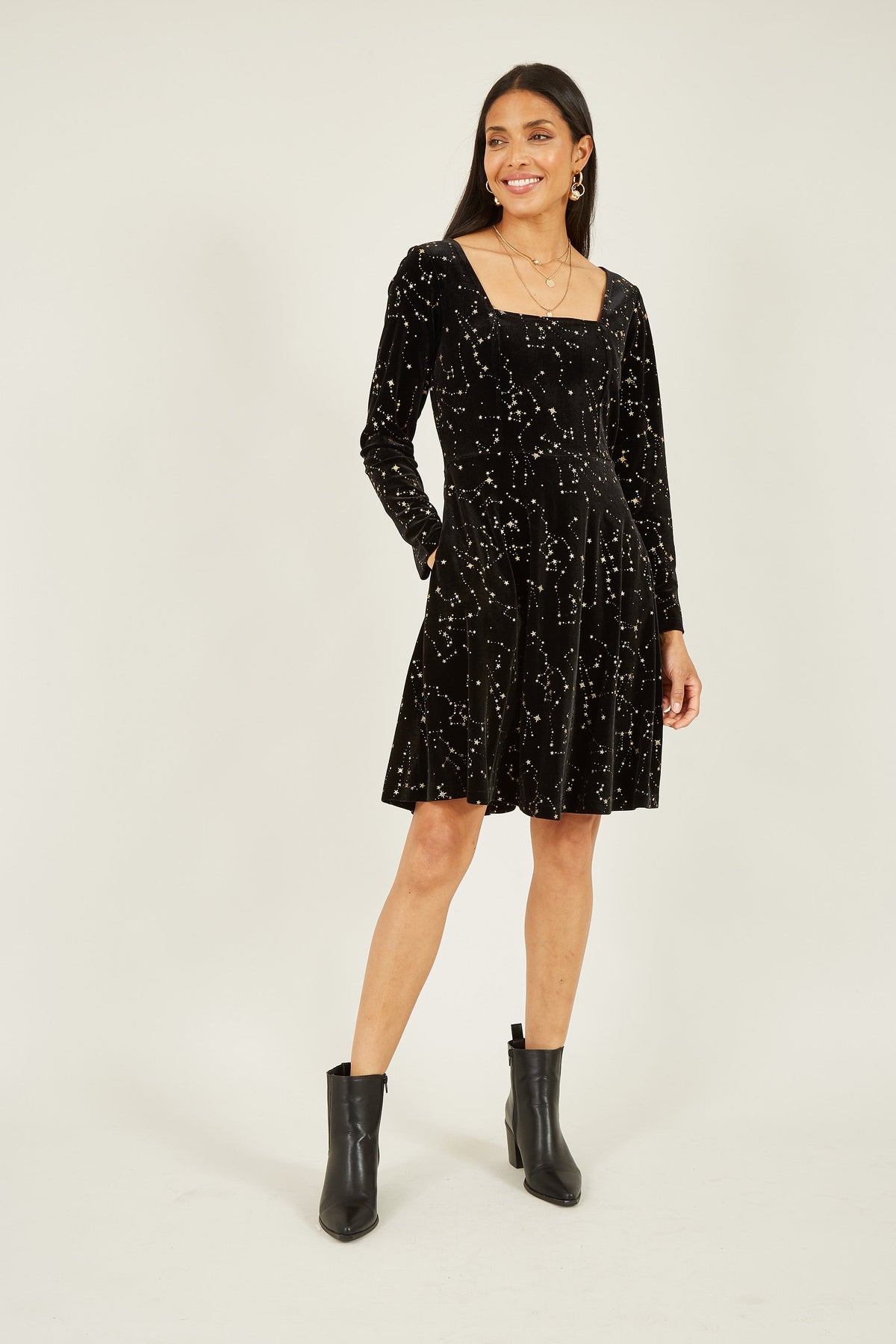 Yumi Black Star Constellation Foil Print Long Sleeve Skater Dress