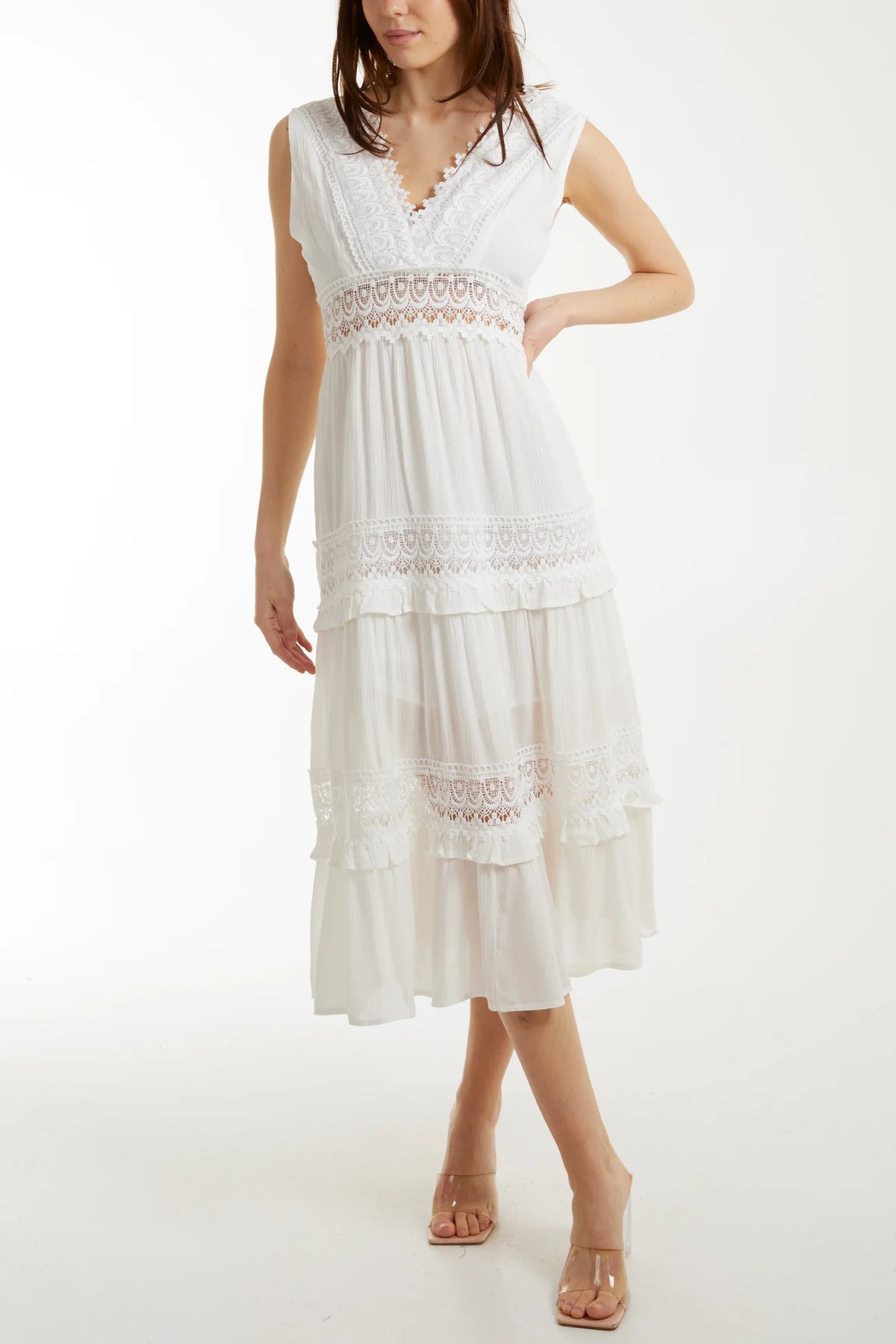 LMA Plunge Neck Lace Tiered Maxi Dress White