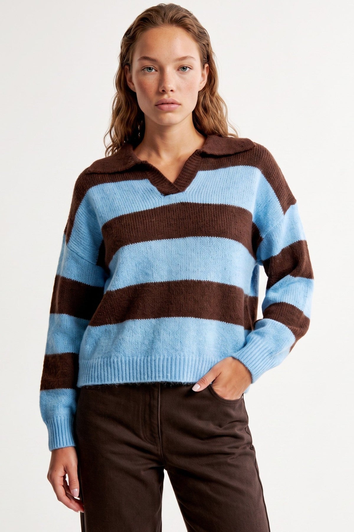 Aftershock London Blue Brown Stripe Collared Knit Jumper