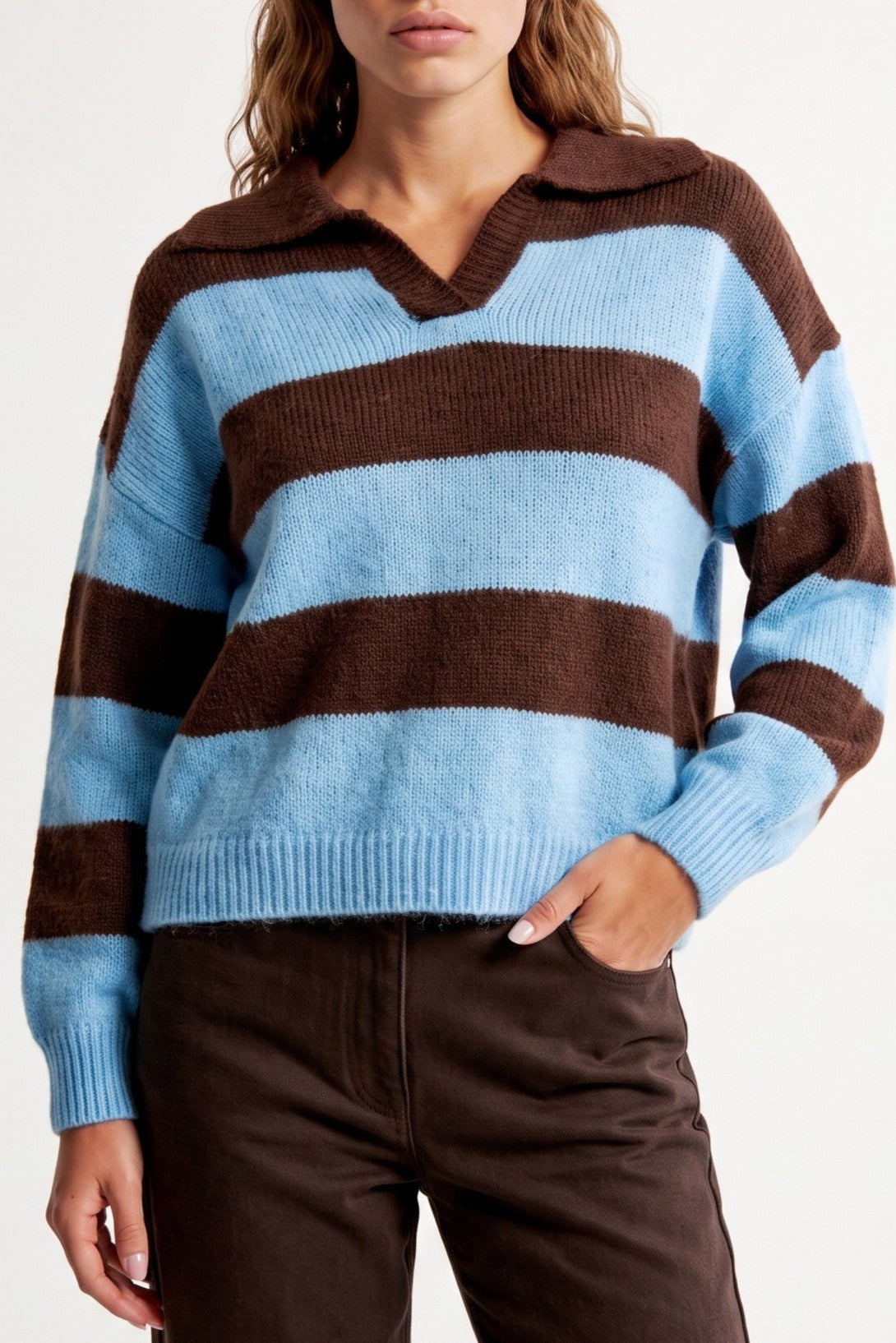 Aftershock London Blue Brown Stripe Collared Knit Jumper