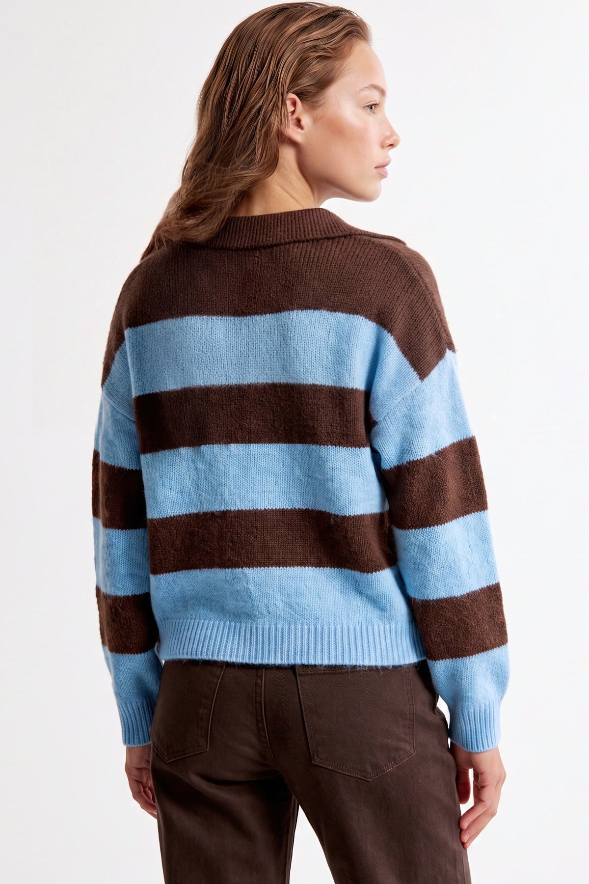 Aftershock London Blue Brown Stripe Collared Knit Jumper