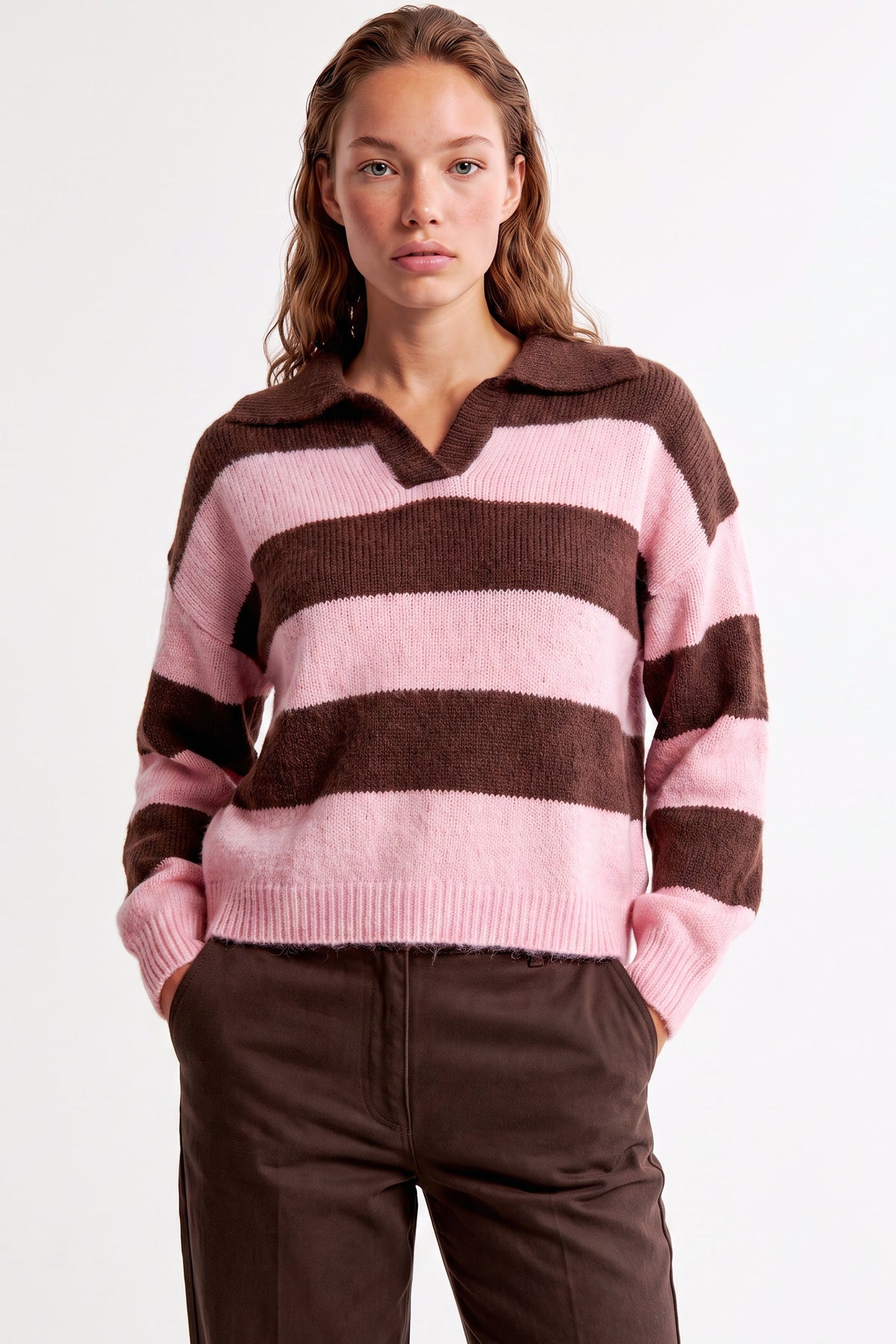 Aftershock London Pink Brown Stripe Collared Knit Jumper