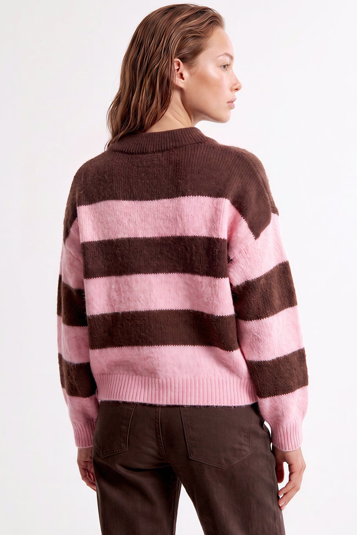 Aftershock London Pink Brown Stripe Collared Knit Jumper