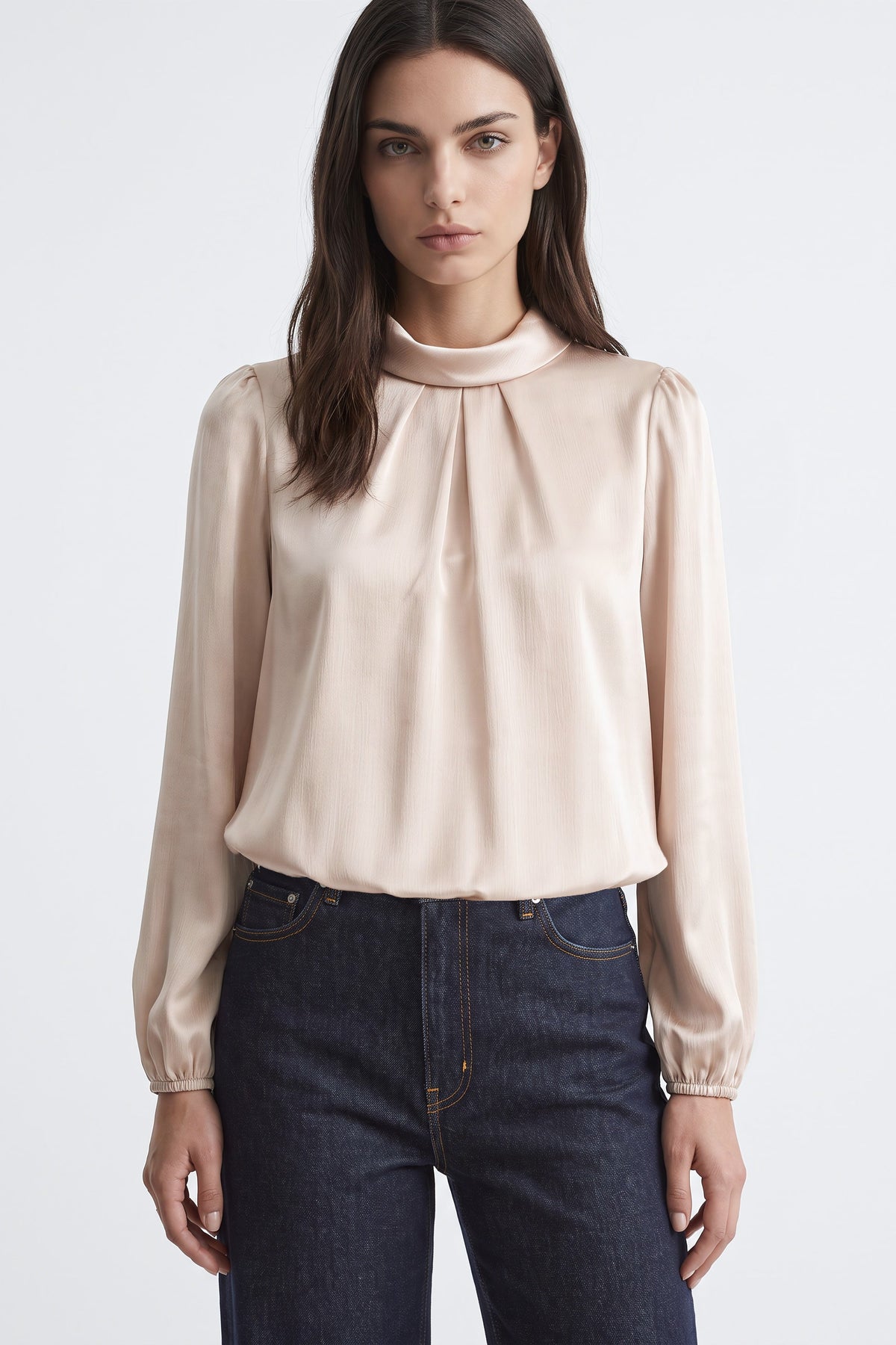 Champagne Folded Stand-Collar Blouse