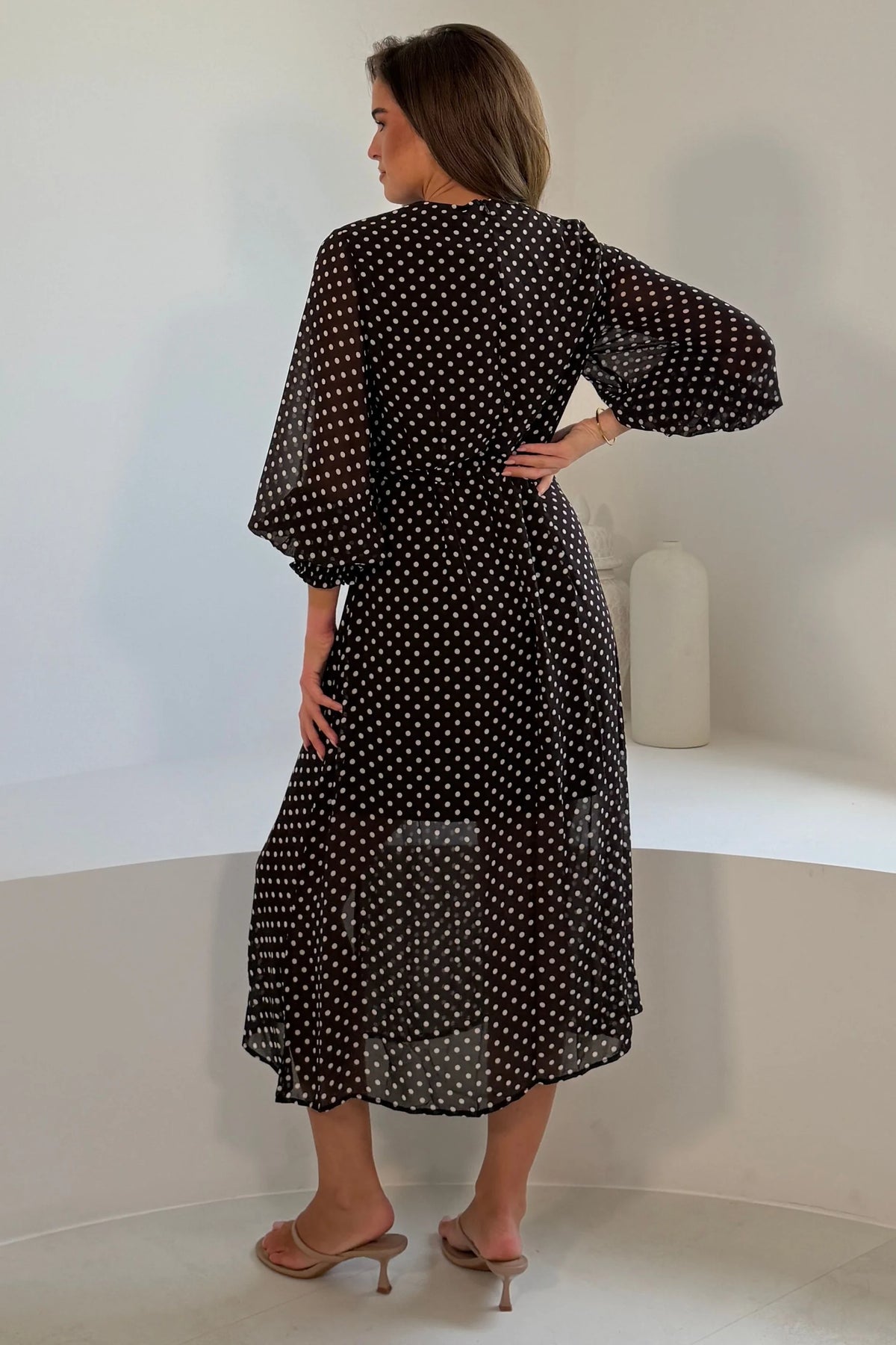 Girl In Mind Oraya Shirred Sleeve Brown Spot Midi Dress
