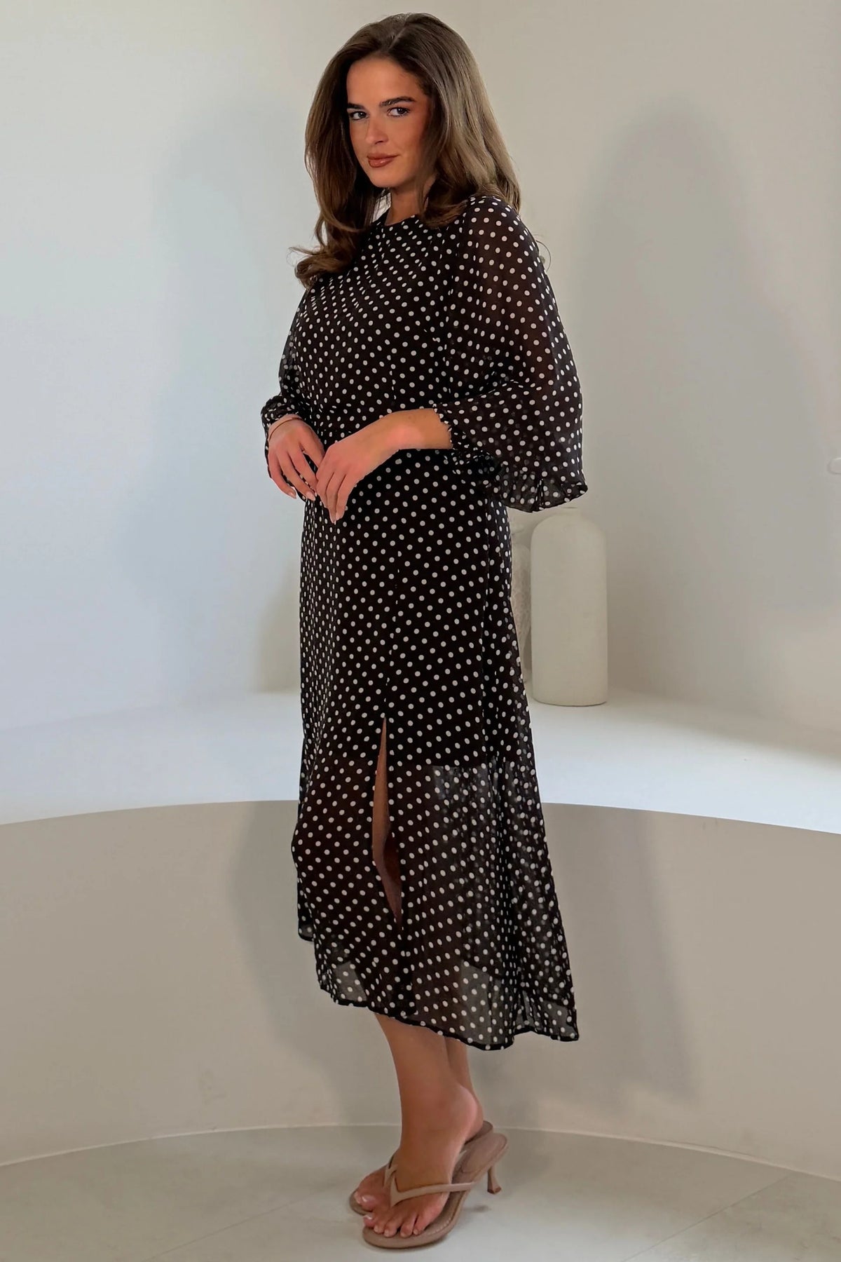 Girl In Mind Oraya Shirred Sleeve Brown Spot Midi Dress