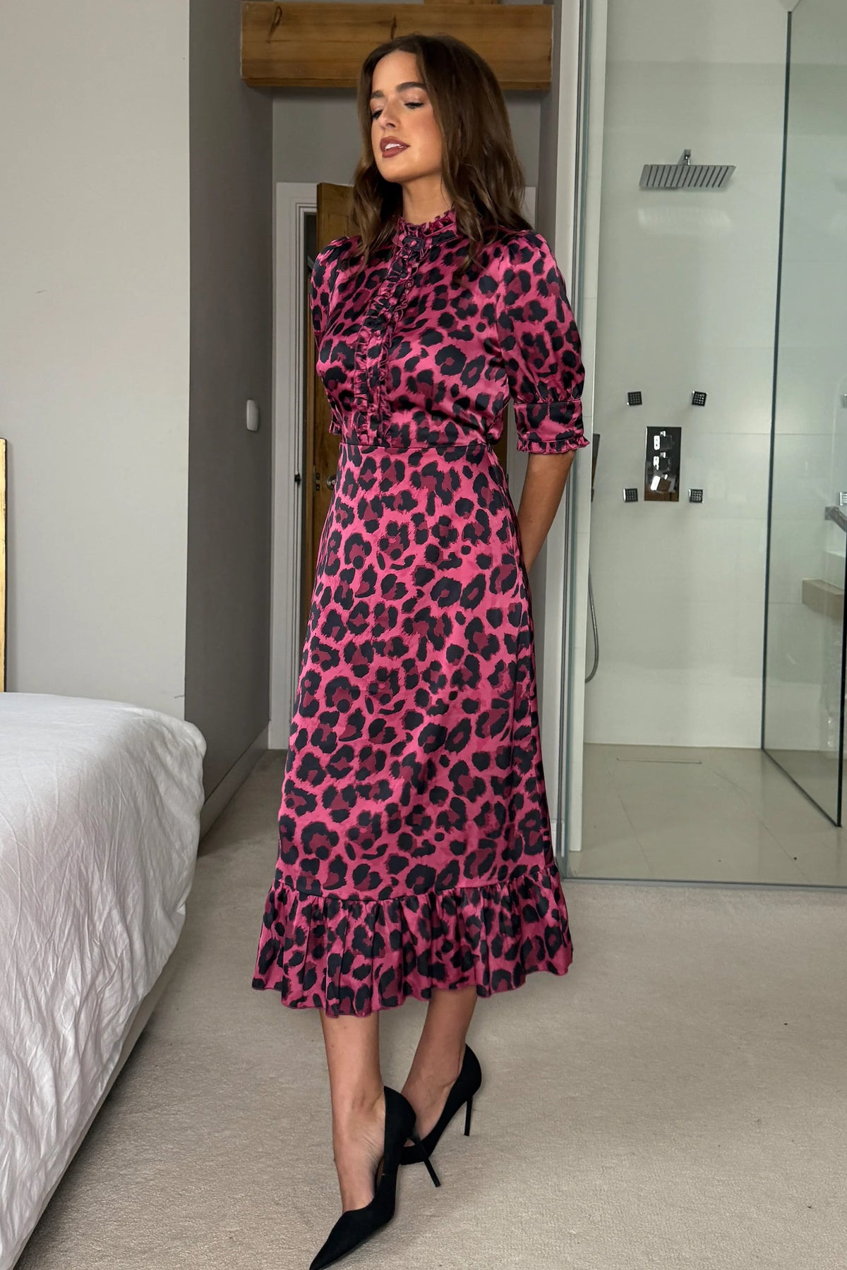 Kirsty High Neck Leopard Pink Ruffle Midi Dress