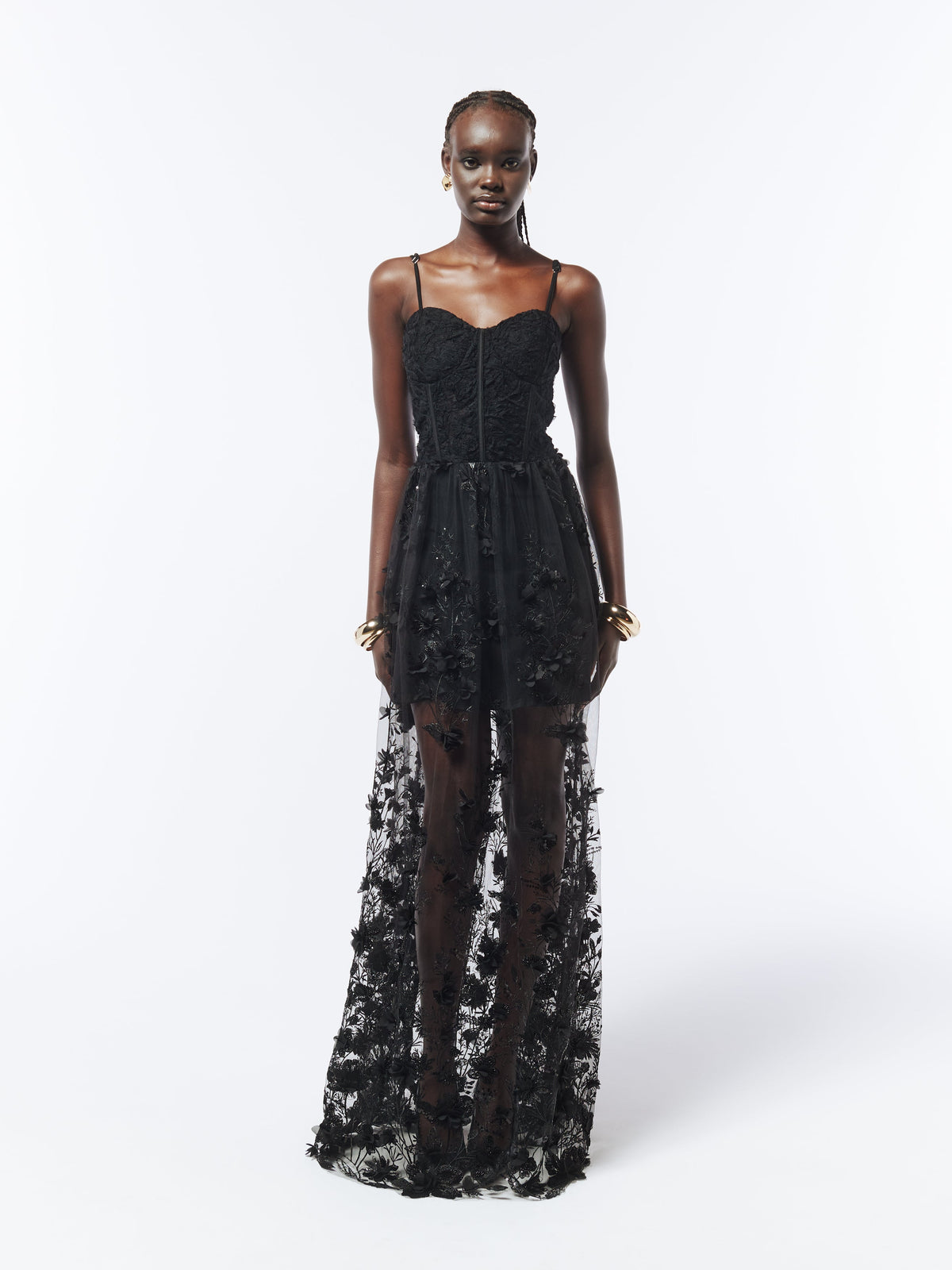 Floral Embellished Bustier Sheer Gown in Black