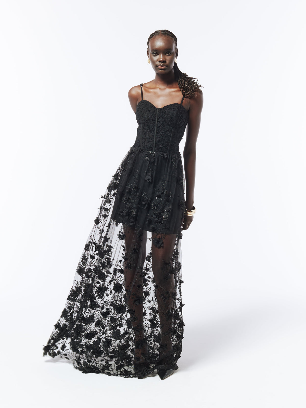 Floral Embellished Bustier Sheer Gown in Black