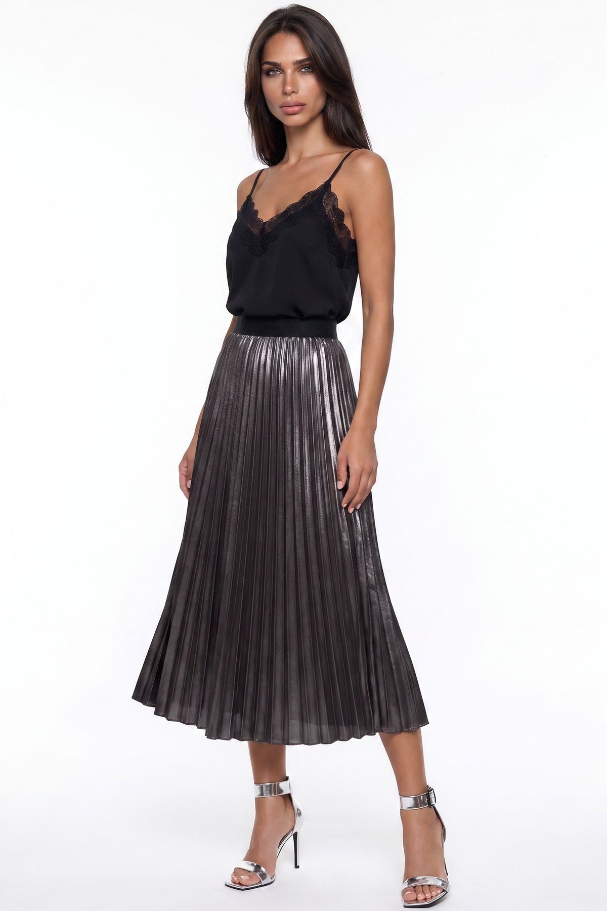 Aftershock London Black Satin Pleated Midi Skirt