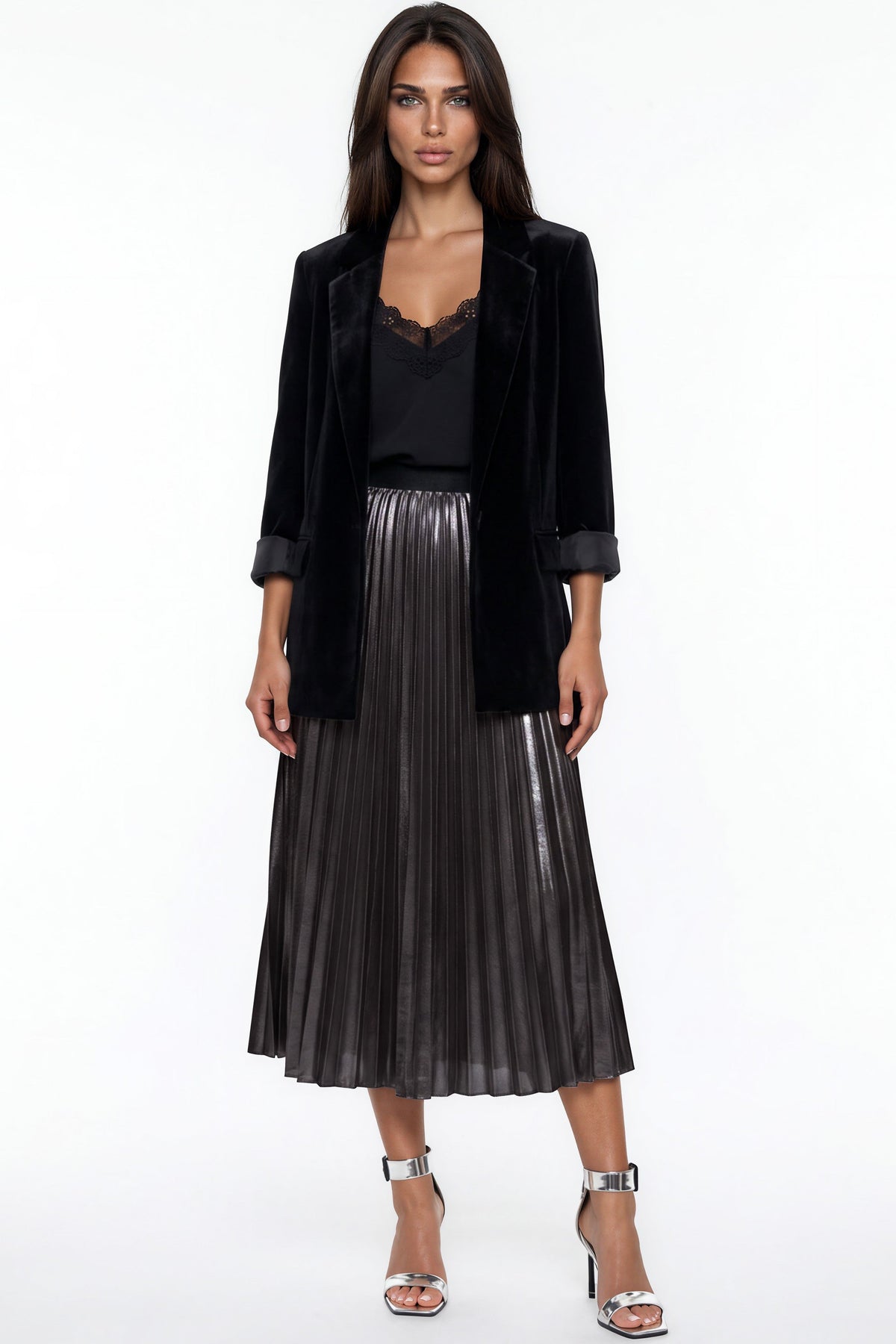 Aftershock London Black Satin Pleated Midi Skirt