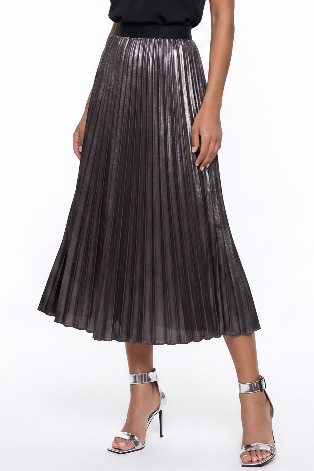Aftershock London Black Satin Pleated Midi Skirt