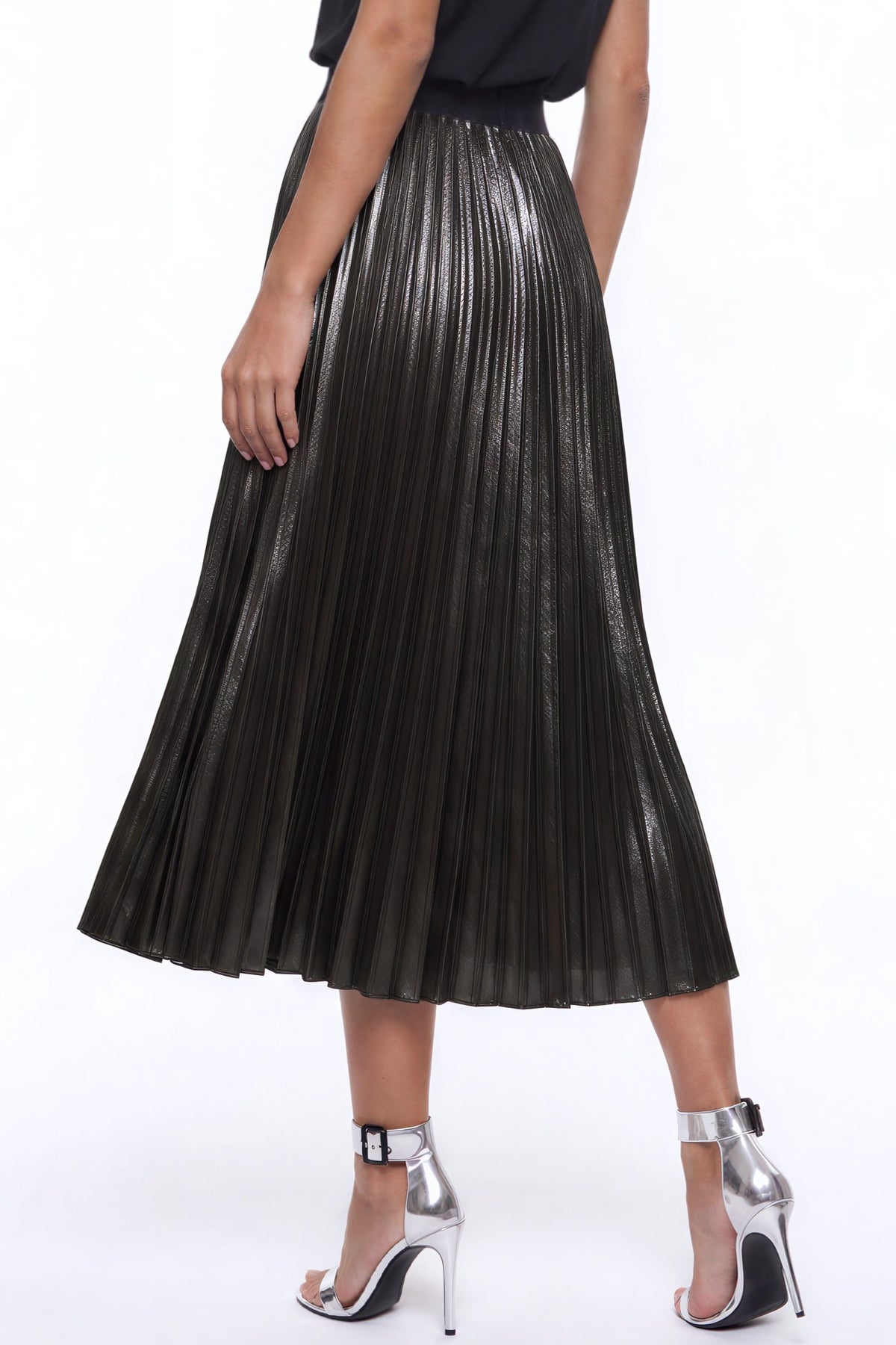 Aftershock London Black Satin Pleated Midi Skirt