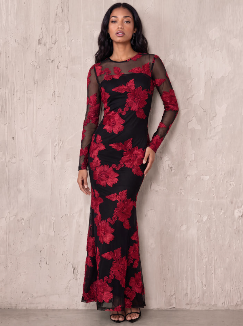 Maya Black Floral Red Applique Mesh Sleeve Maxi Dress