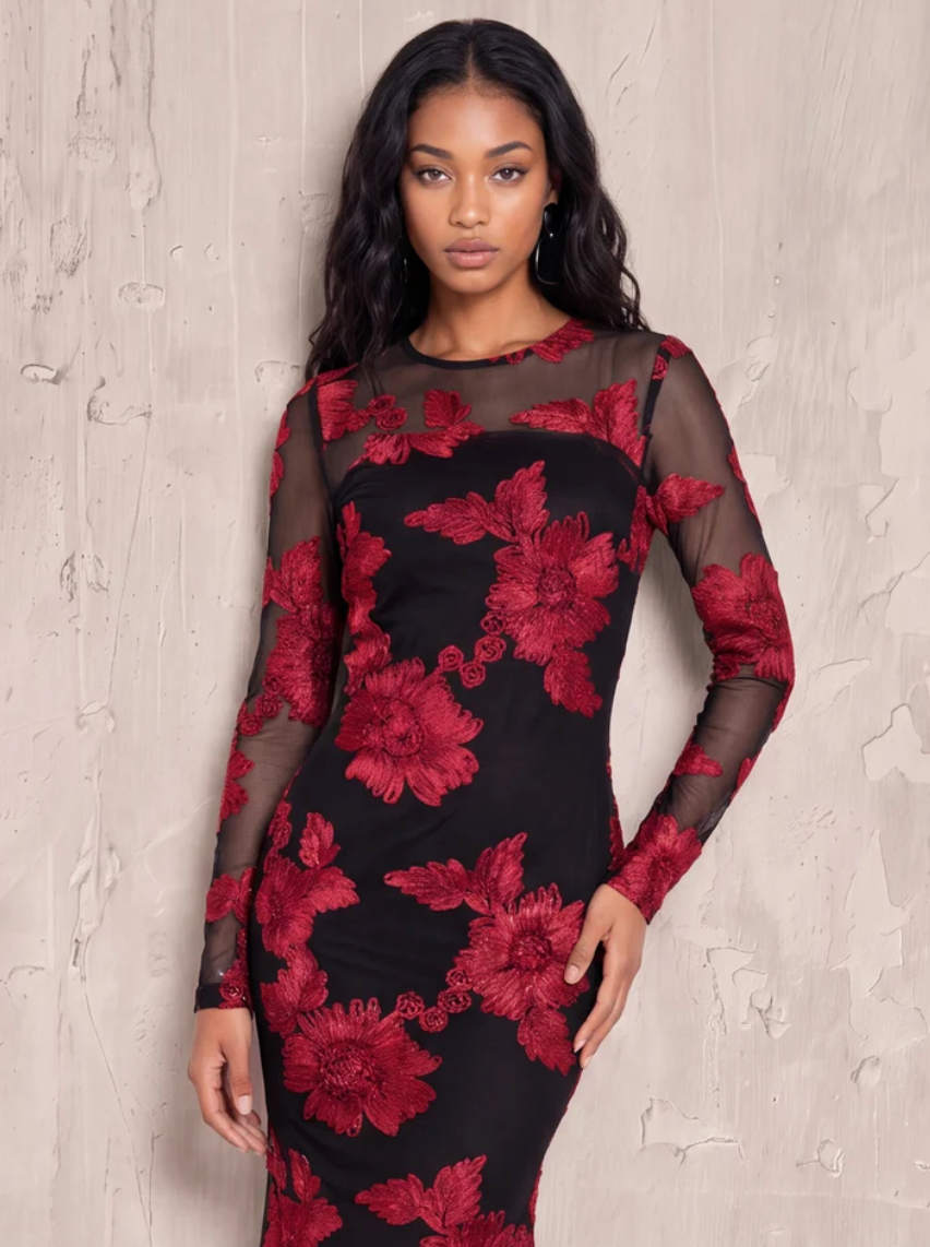 Maya Black Floral Red Applique Mesh Sleeve Maxi Dress