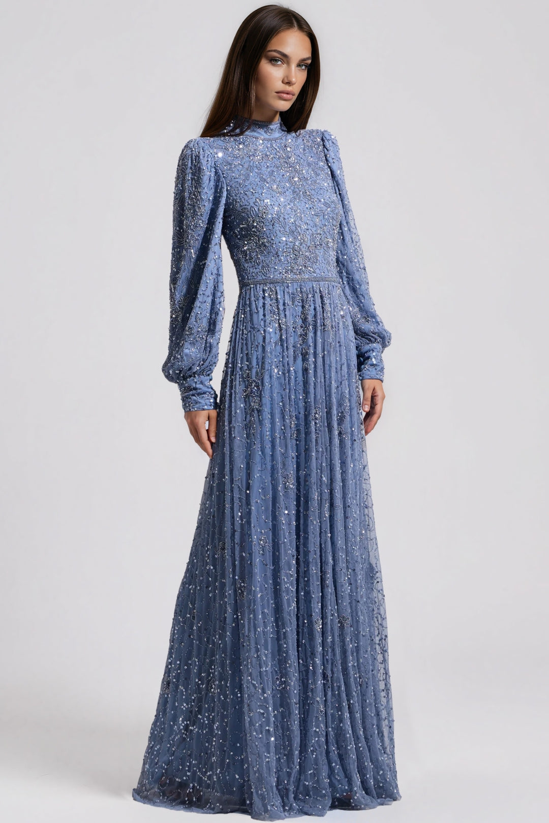 Slate Blue Embellished High Neck Maxi Dress