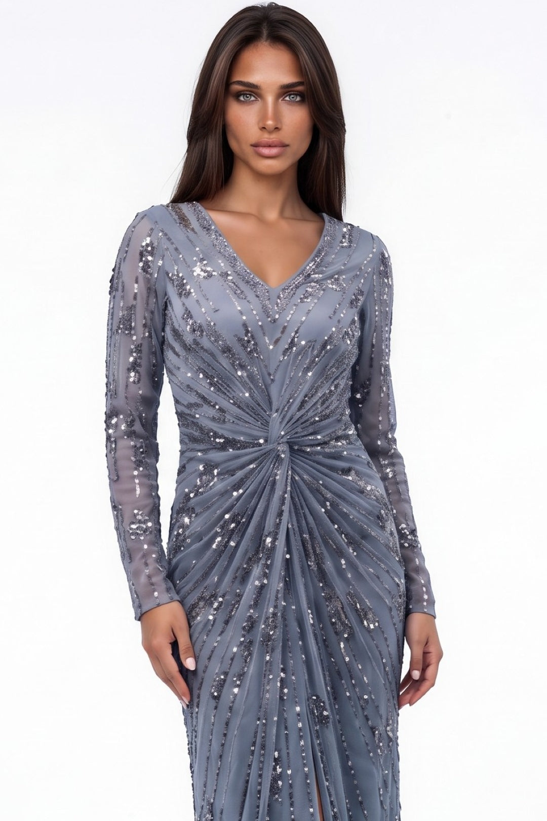 Slate Blue Silver Sequin V‑Neck Long Sleeve Maxi Dress