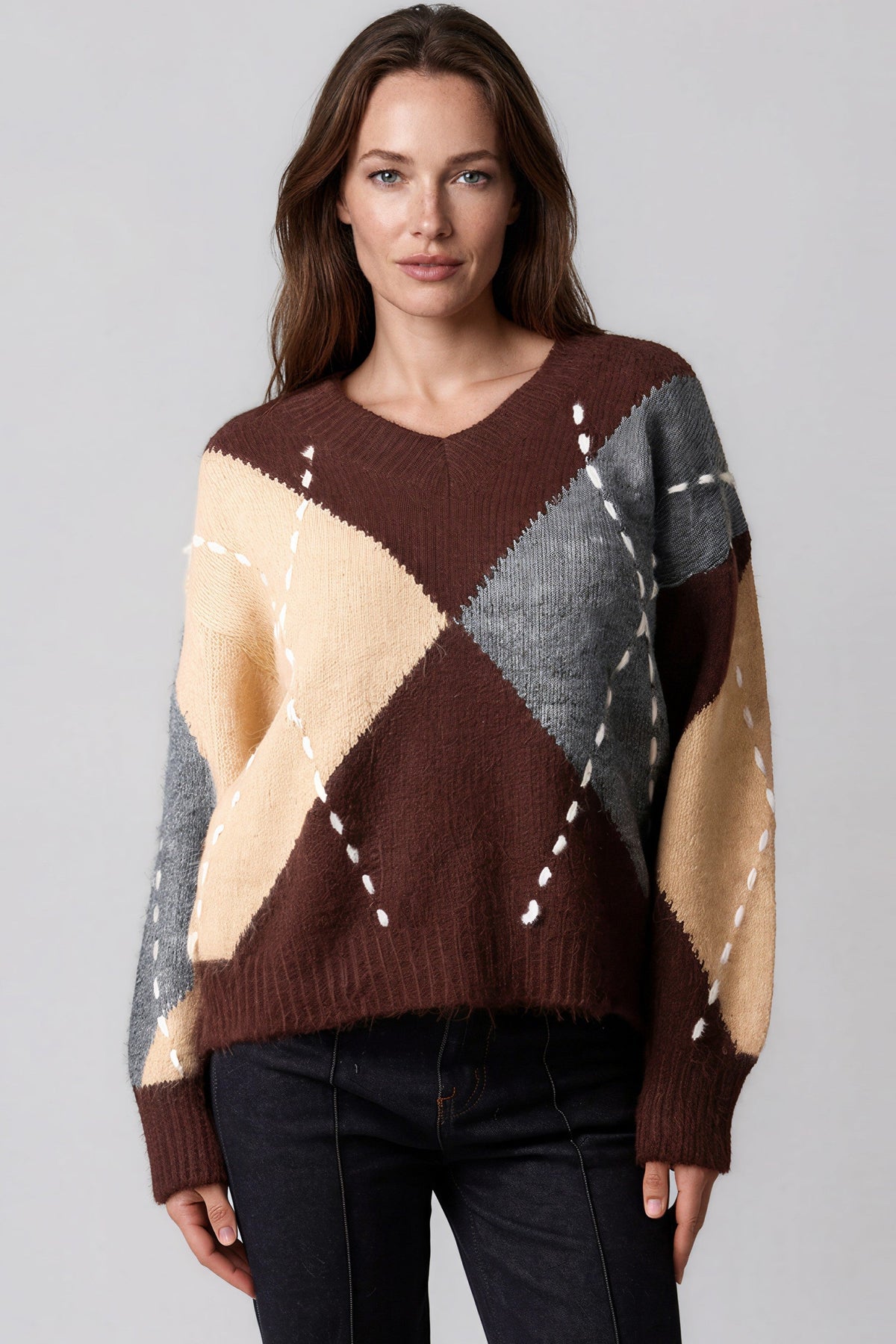 Aftershock London Chocolate Argyle Pattern V Neck Jumper