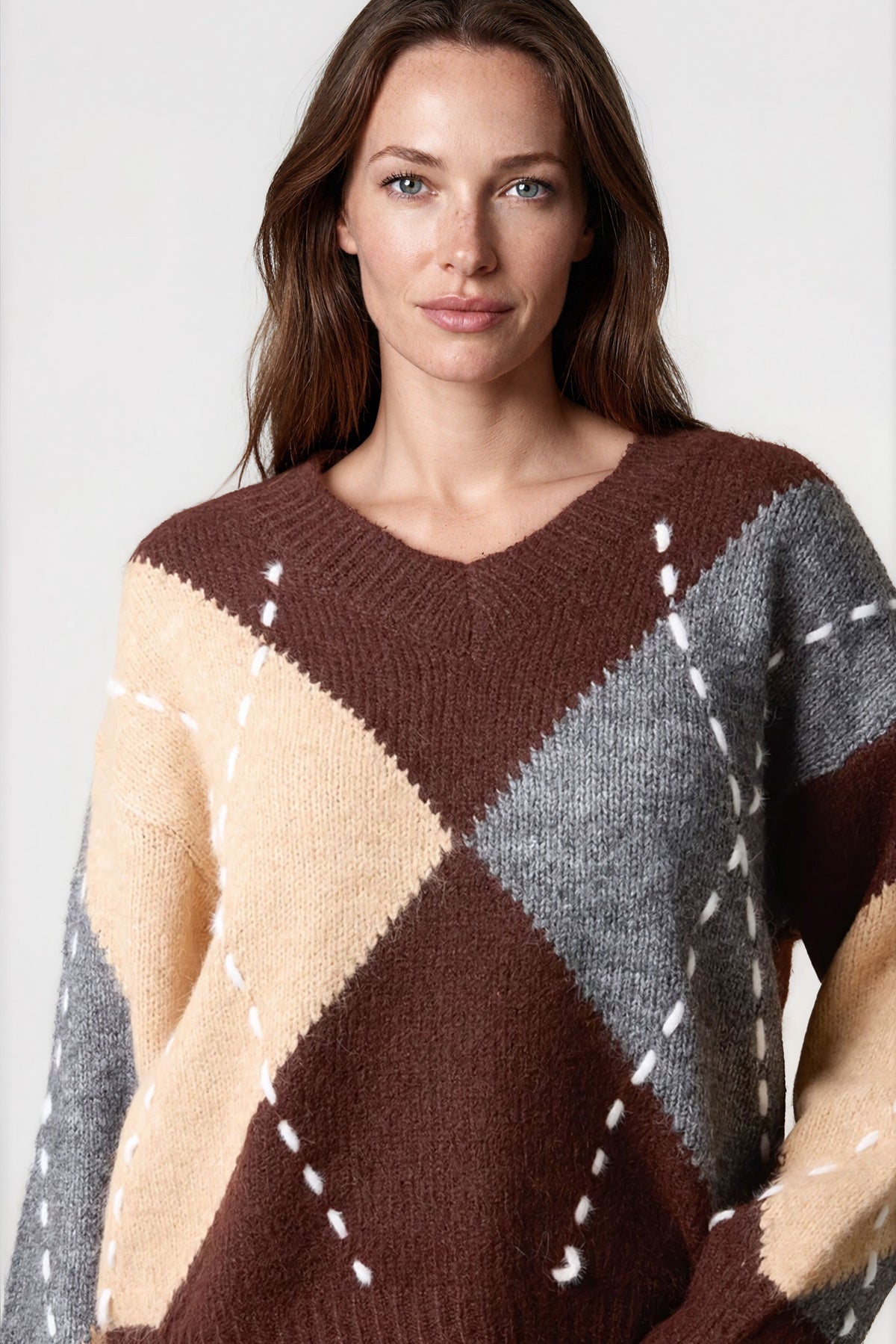 Aftershock London Chocolate Argyle Pattern V Neck Jumper