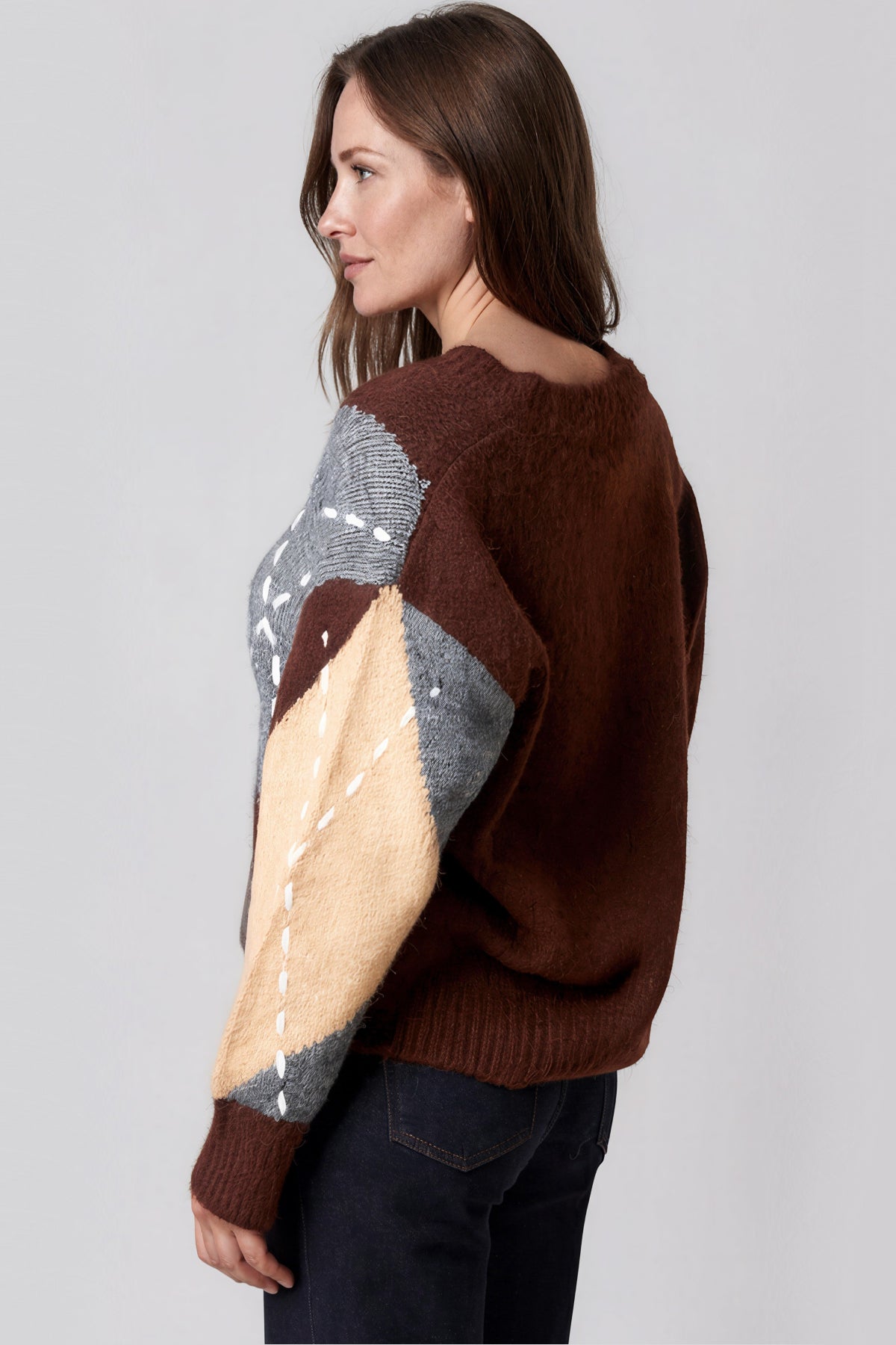 Aftershock London Chocolate Argyle Pattern V Neck Jumper