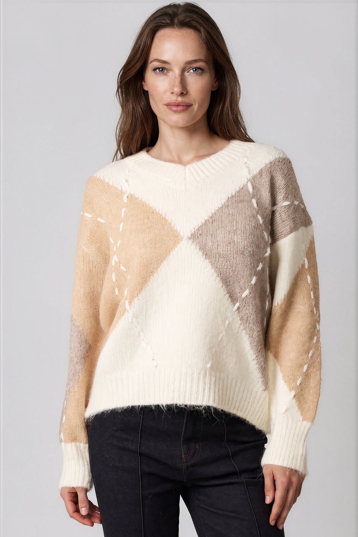 Aftershock London Ivory Argyle Pattern V Neck Jumper