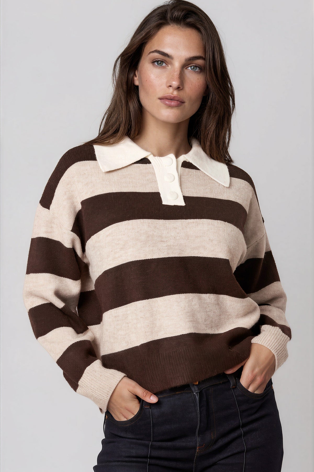 Aftershock London Brown Stripe Wool‑Blend Polo Collared Knit Jumper