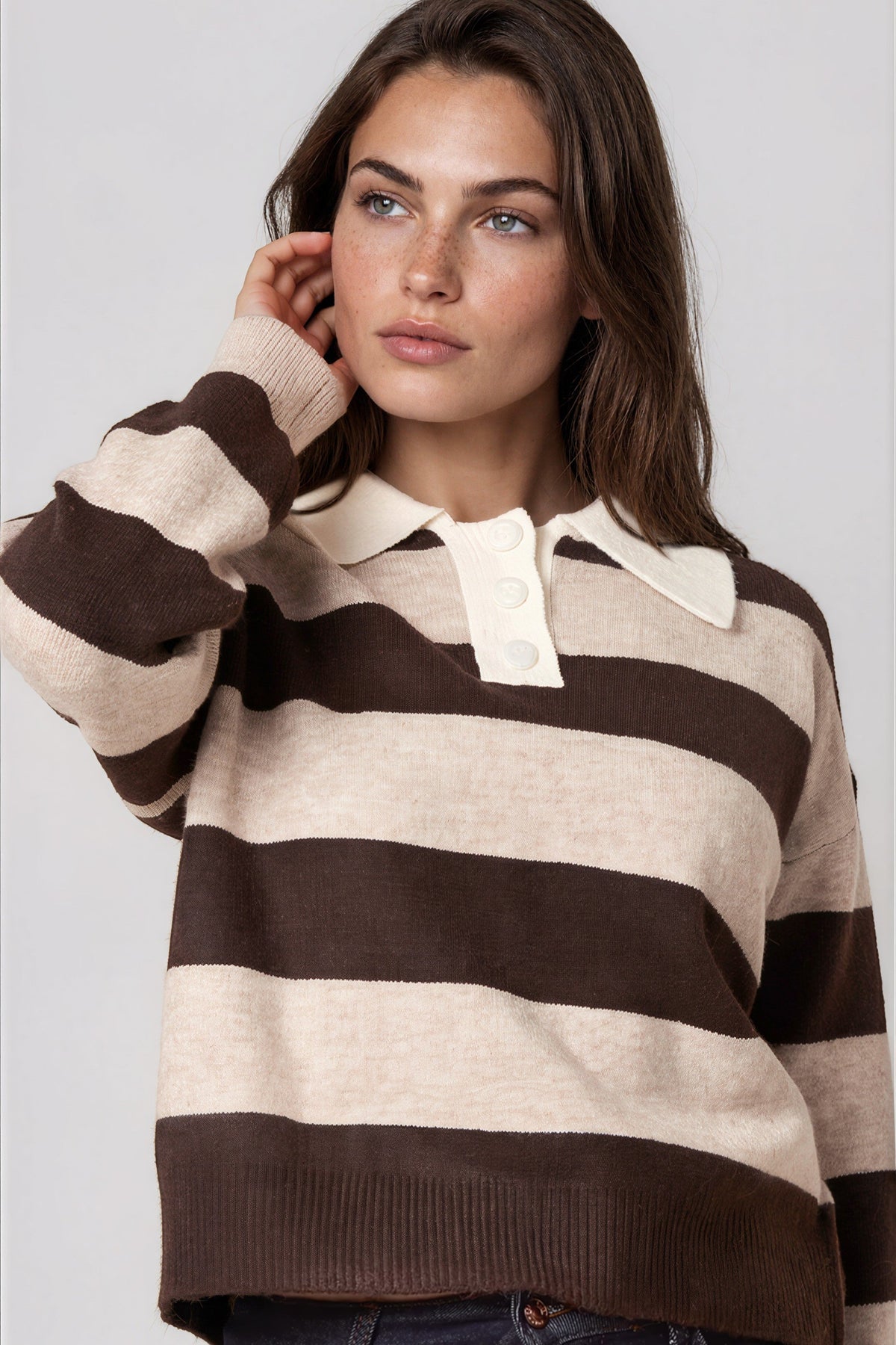Aftershock London Brown Stripe Wool‑Blend Polo Collared Knit Jumper