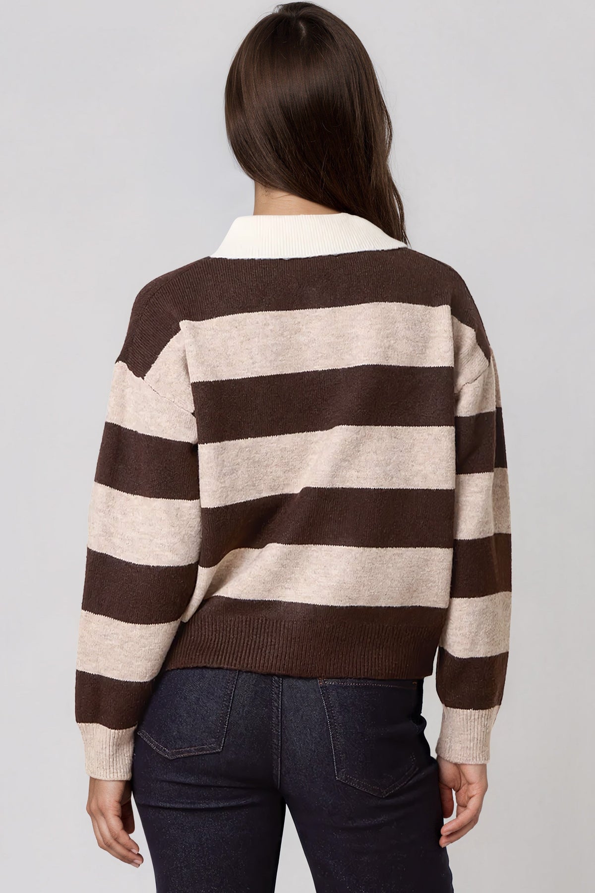 Aftershock London Brown Stripe Wool‑Blend Polo Collared Knit Jumper
