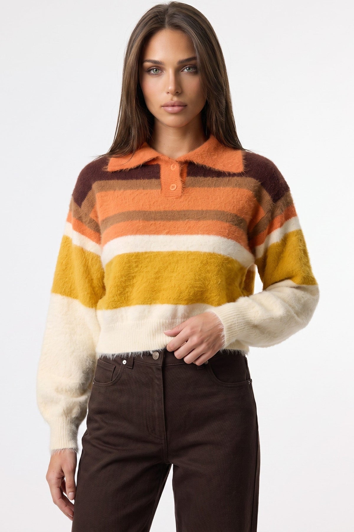 Aftershock London Orange Striped Collared Knitted Crop Jumper