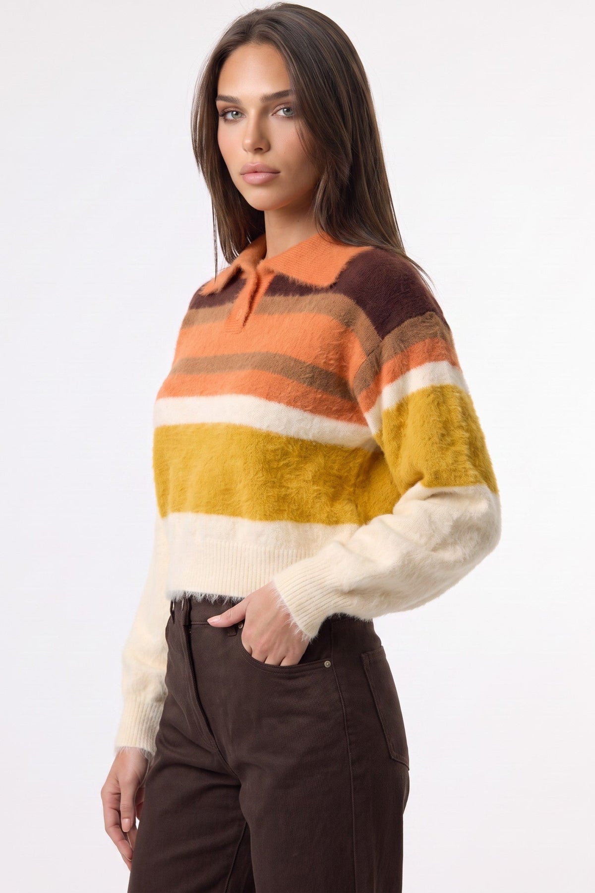 Aftershock London Orange Striped Collared Knitted Crop Jumper