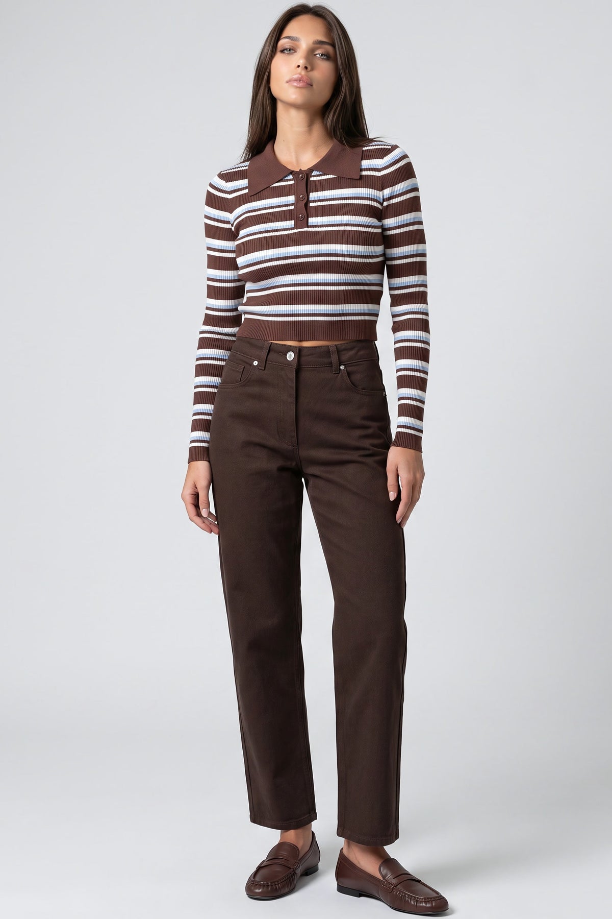 Aftershock London Brown Blue Striped Long Sleeve Collar Ribbed Jumper
