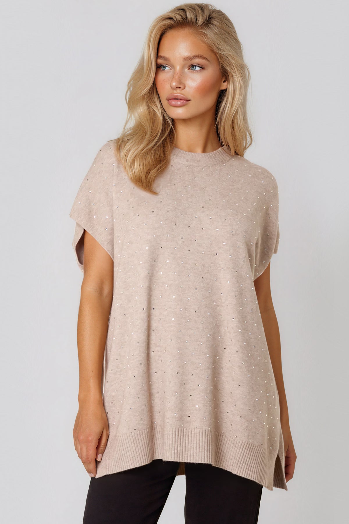 Aftershock London Beige Embellished Short Sleeve Knit Jumper