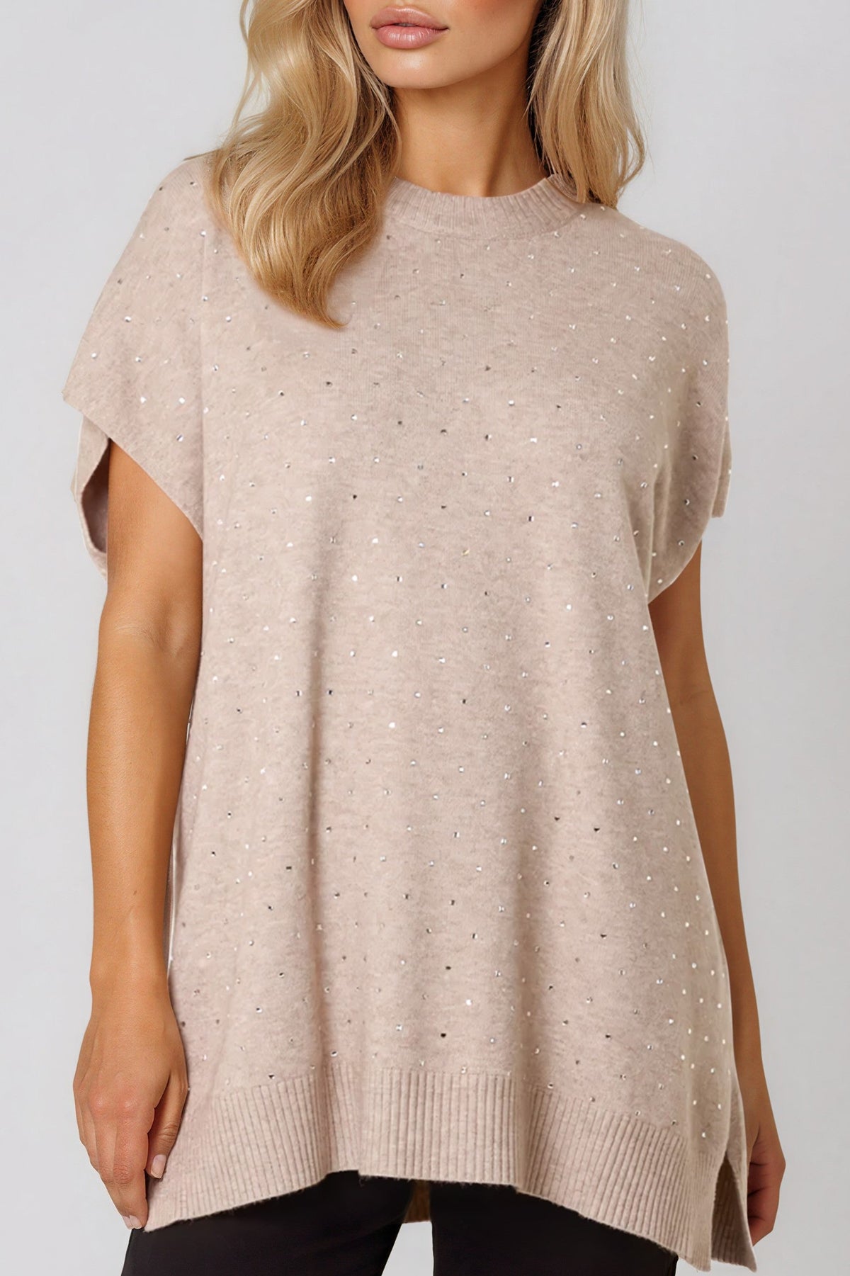 Aftershock London Beige Embellished Short Sleeve Knit Jumper