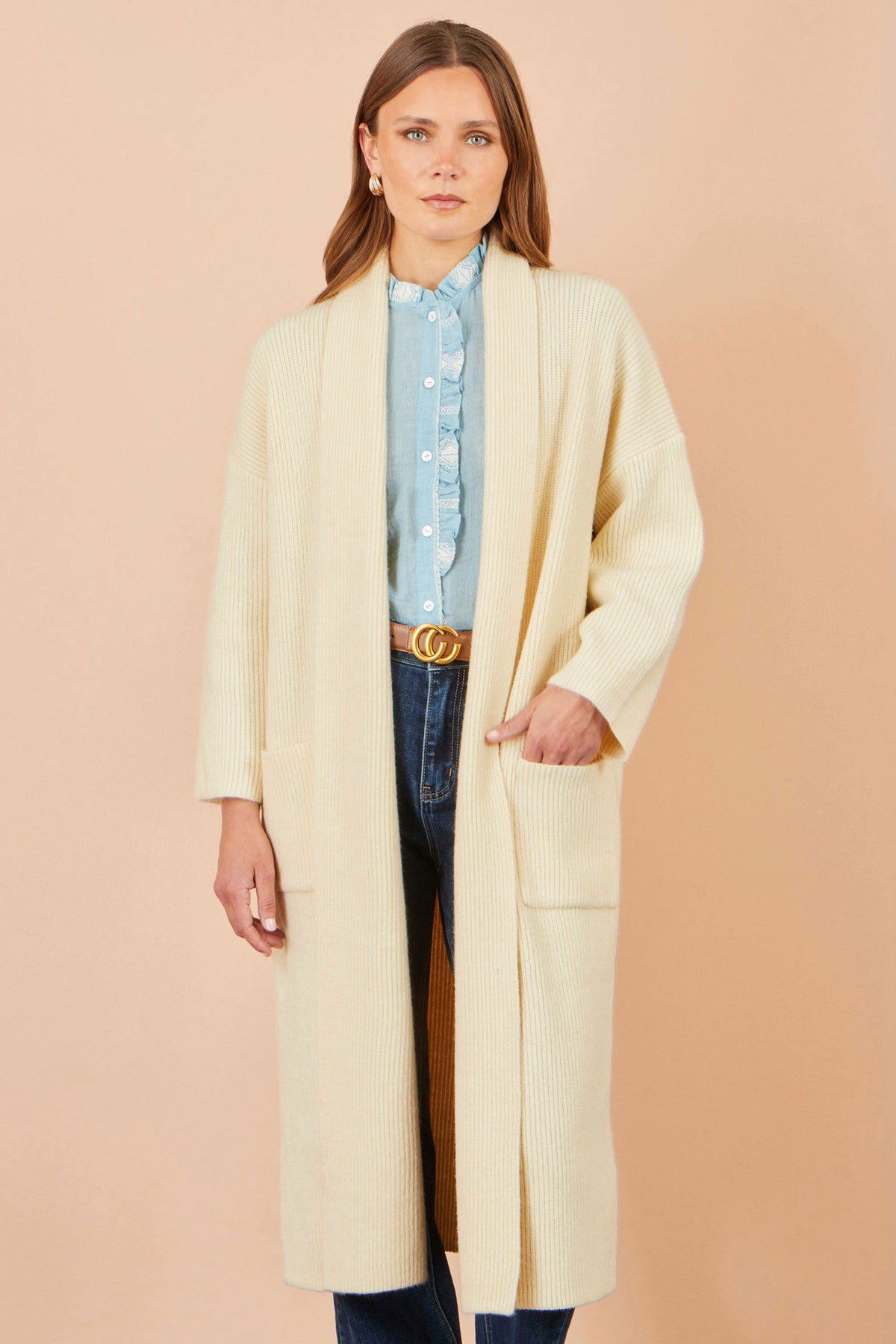 Yumi Ivory Knitted Maxi Cardigan With Pockets