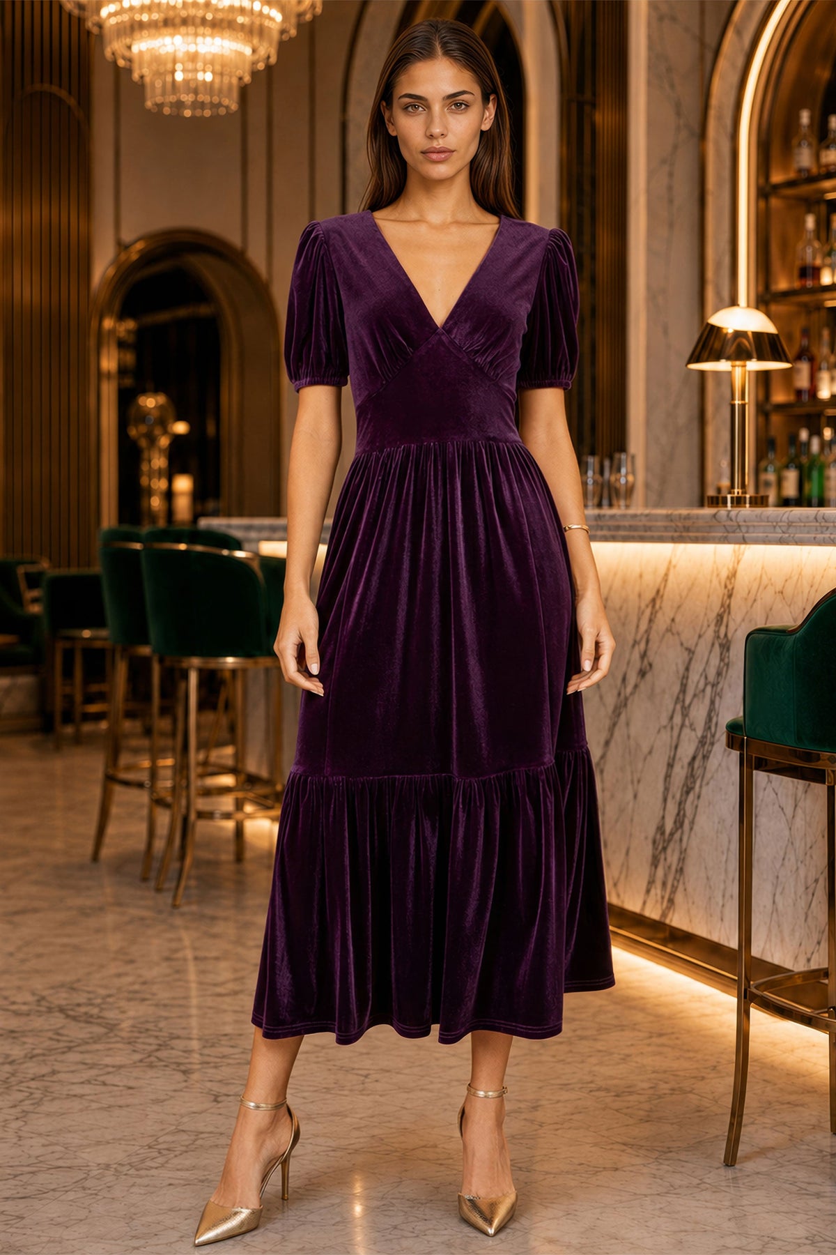 Yumi Purple Velvet Midi Dress