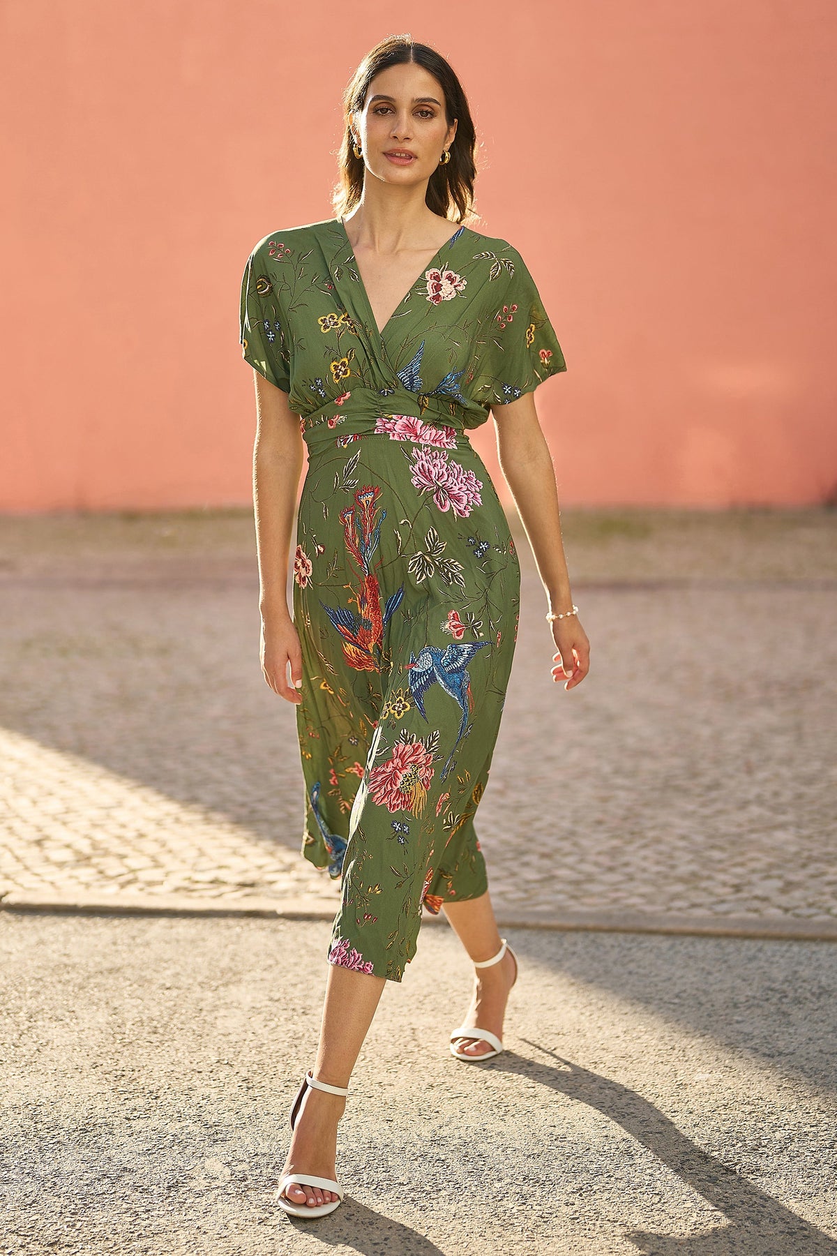 Yumi Green Bird and Floral Print Ruched Waist Kimono Midi Dress Love My Apparel Yumi Green Bird and Floral Print Ruched Waist Kimono Midi Dress Love My Apparel