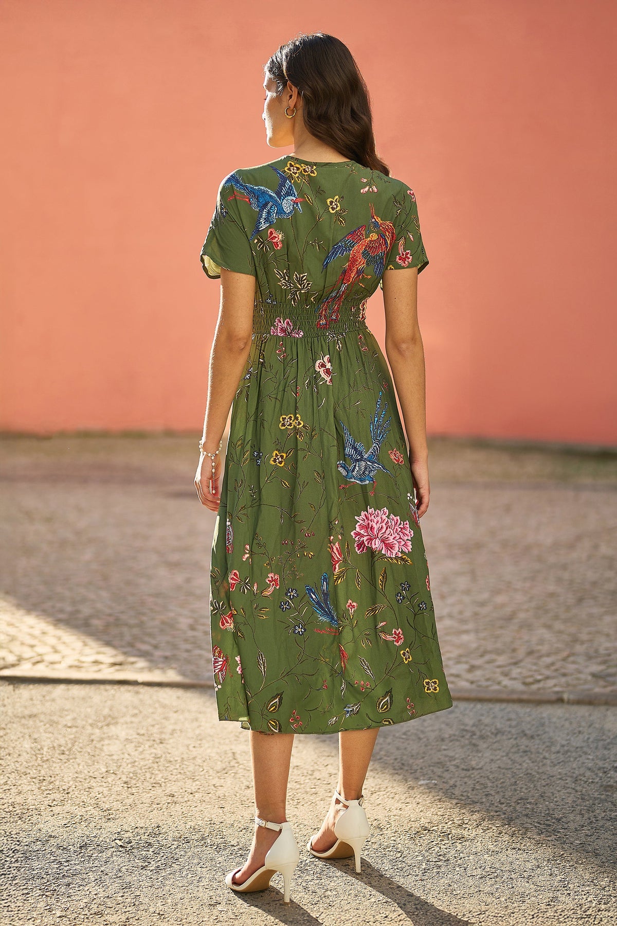 yumi green dress Yumi Green Ruched Leaf Print Maxi Dress With Puff Sleeves by Yumi