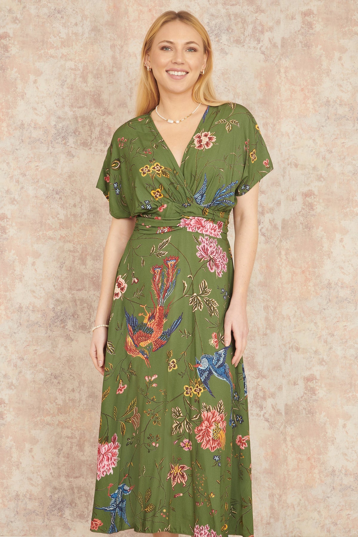 Yumi Green Bird and Floral Print Ruched Waist Kimono Midi Dress