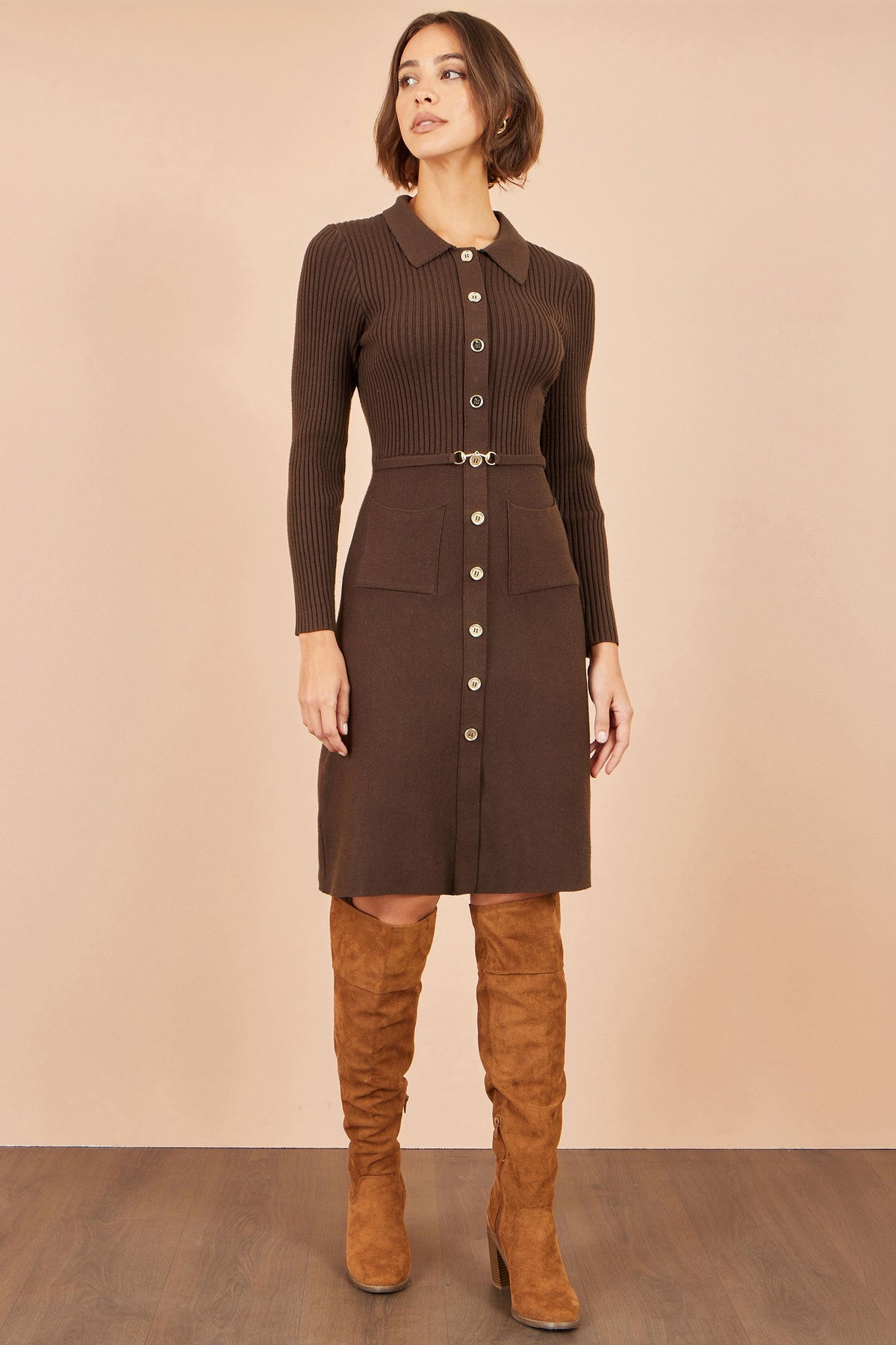 Yumi Brown Rib Knit Midi Shirt Dress With Snaffle Belt