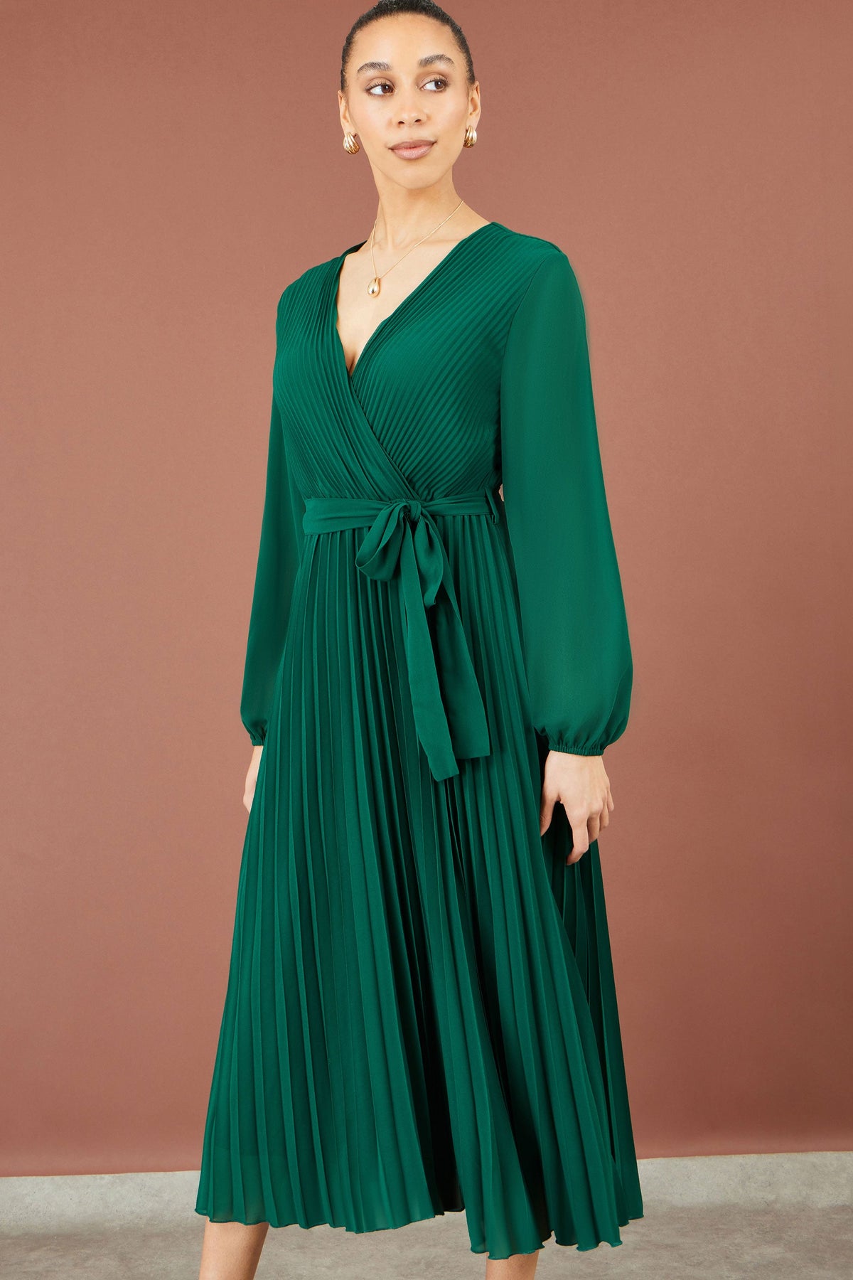 Yumi Green Pleated Wrap Midi Dress