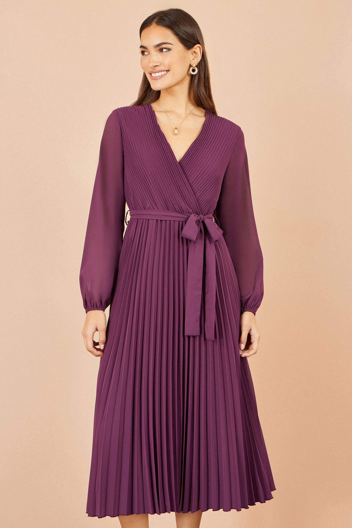 Yumi Purple Pleated Wrap Midi Dress