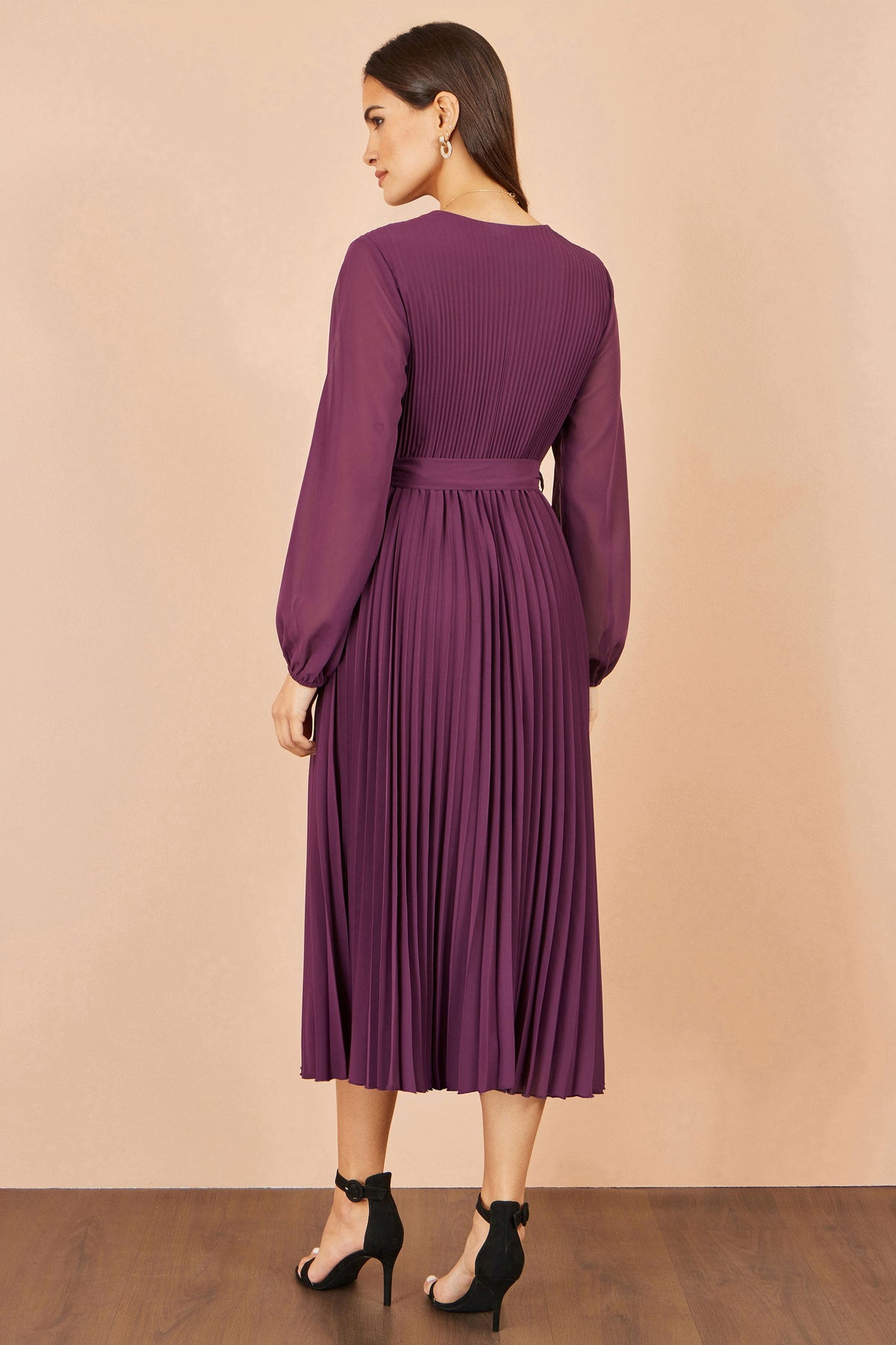 Yumi Purple Pleated Wrap Midi Dress