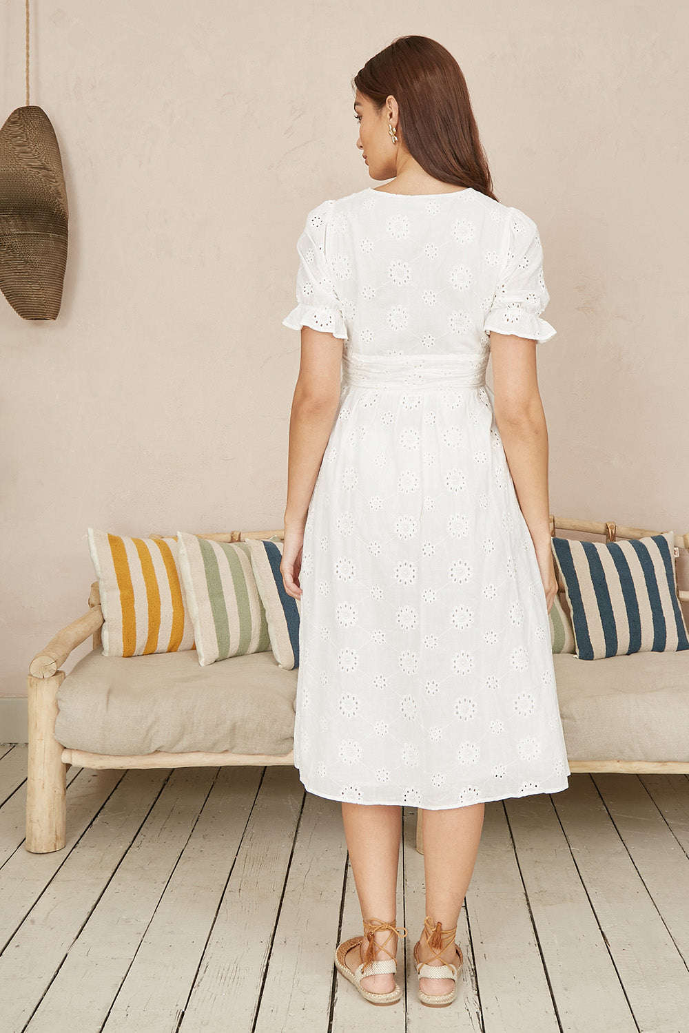 Yumi White Cotton Broderie Anglaise Midi Button Up Dress